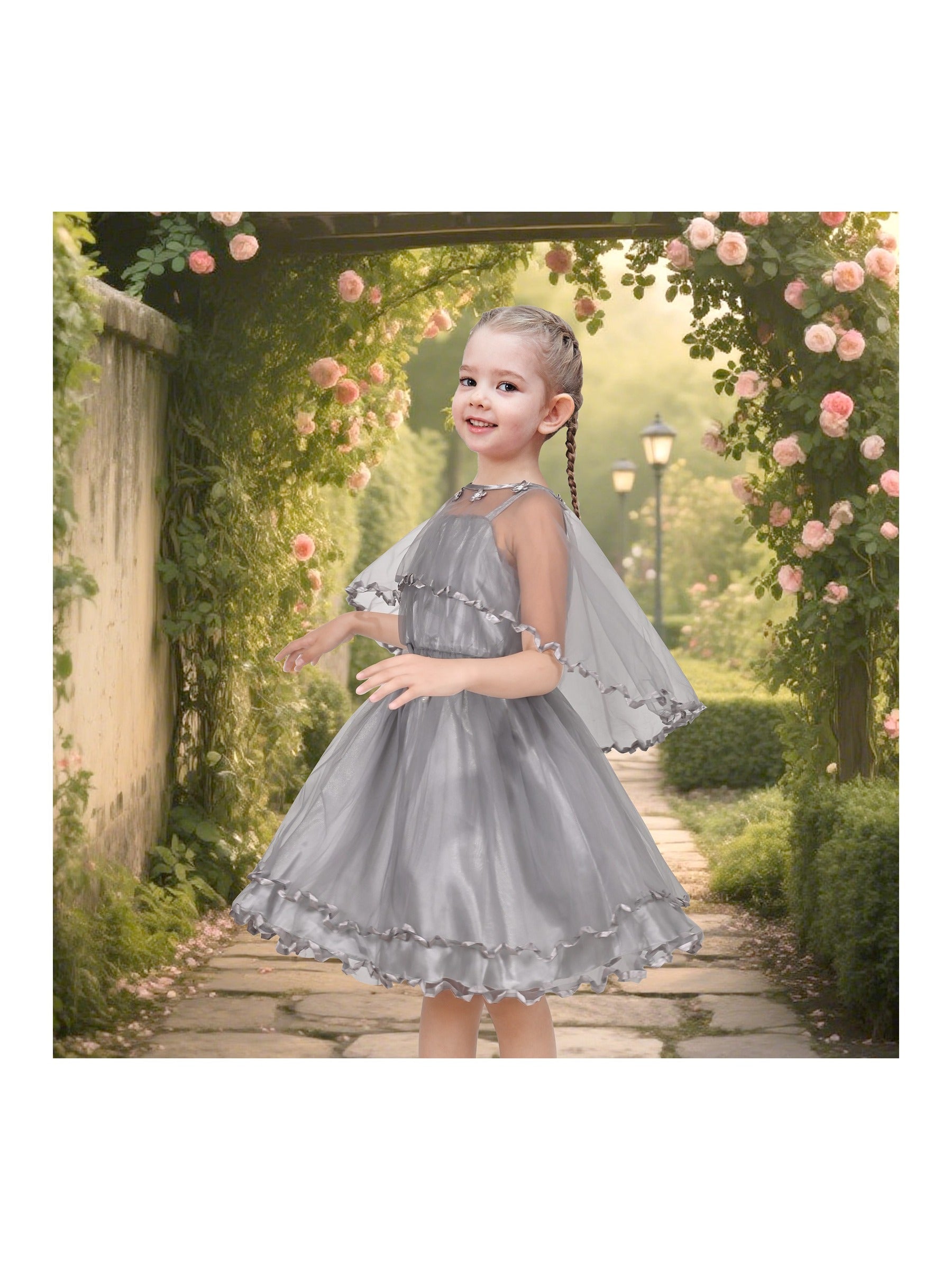 Flower Girls Dress Tulle Spaghetti Strap Pearl Ruffle Hem Wedding Bridesmaid Green Gray