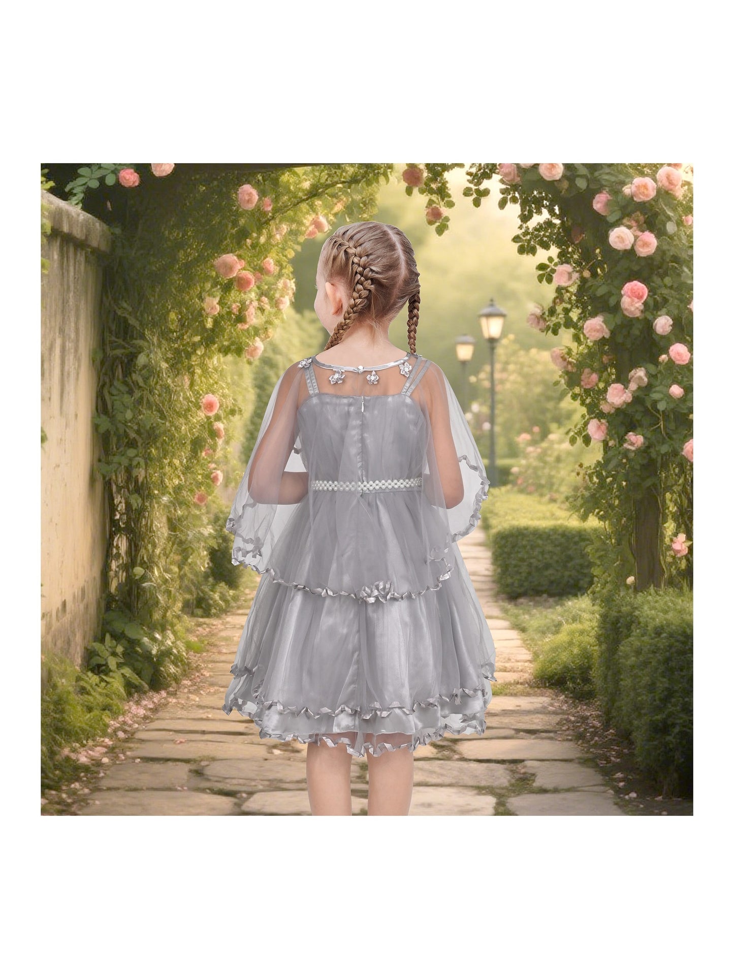 Flower Girls Dress Tulle Spaghetti Strap Pearl Ruffle Hem Wedding Bridesmaid Green Gray