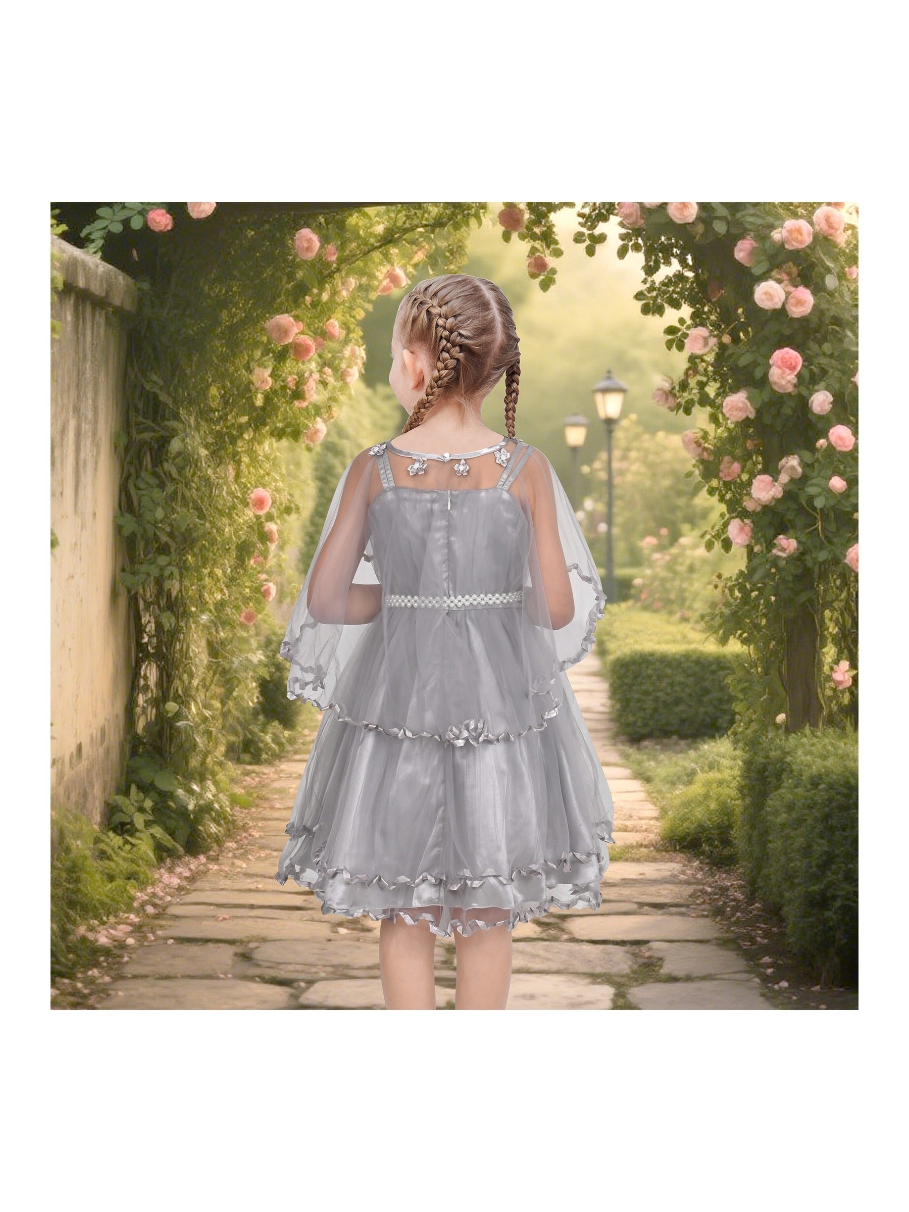 Flower Girls Dress Tulle Spaghetti Strap Pearl Ruffle Hem Wedding Bridesmaid Green Gray
