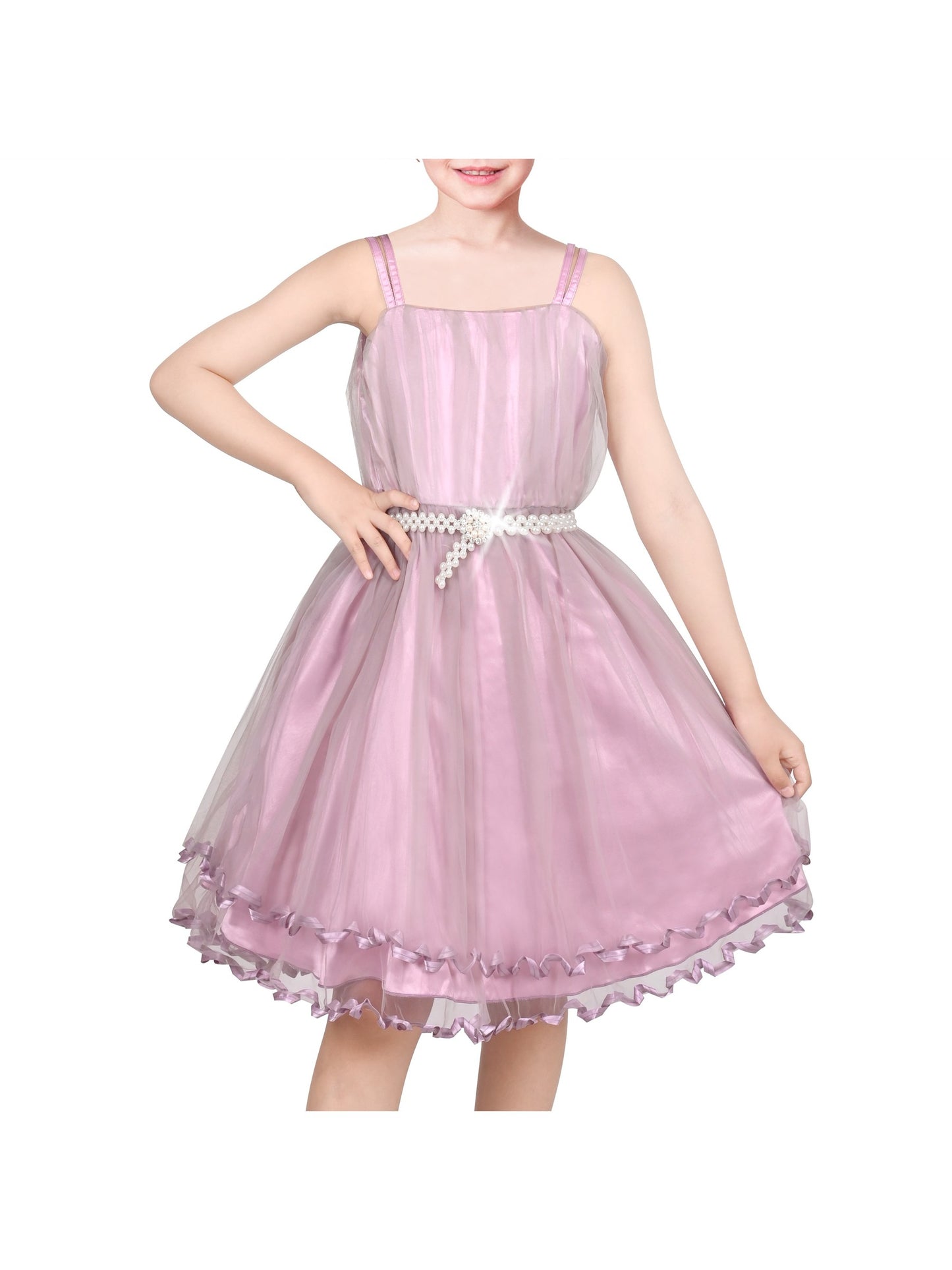 Flower Girls Dress Tulle Spaghetti Strap Pearl Ruffle Hem Wedding Bridesmaid Green Purple