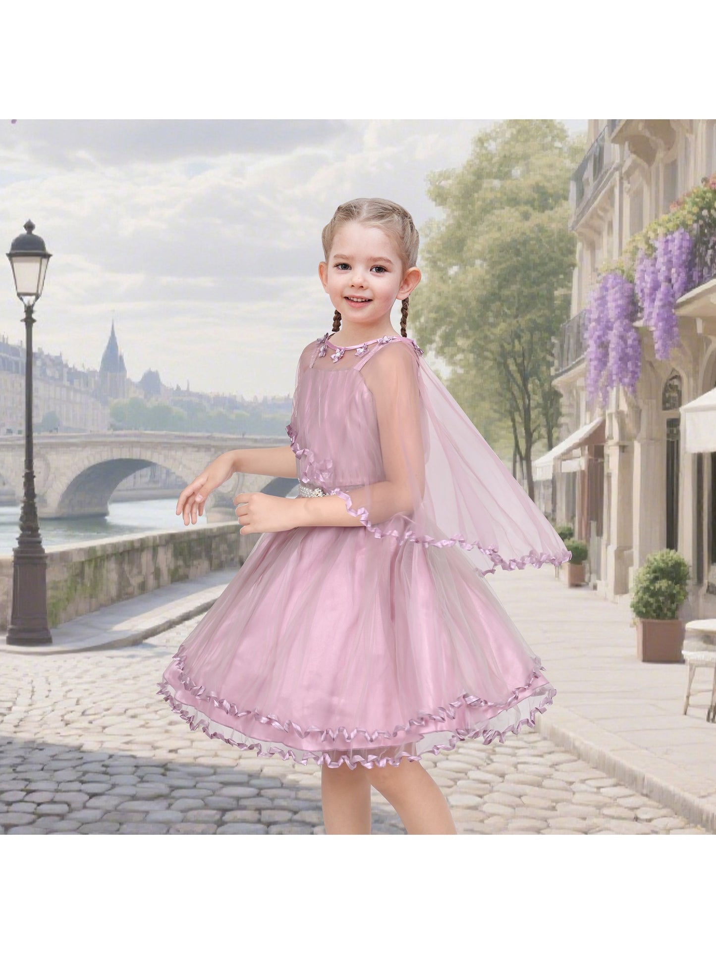 Flower Girls Dress Tulle Spaghetti Strap Pearl Ruffle Hem Wedding Bridesmaid Green Purple
