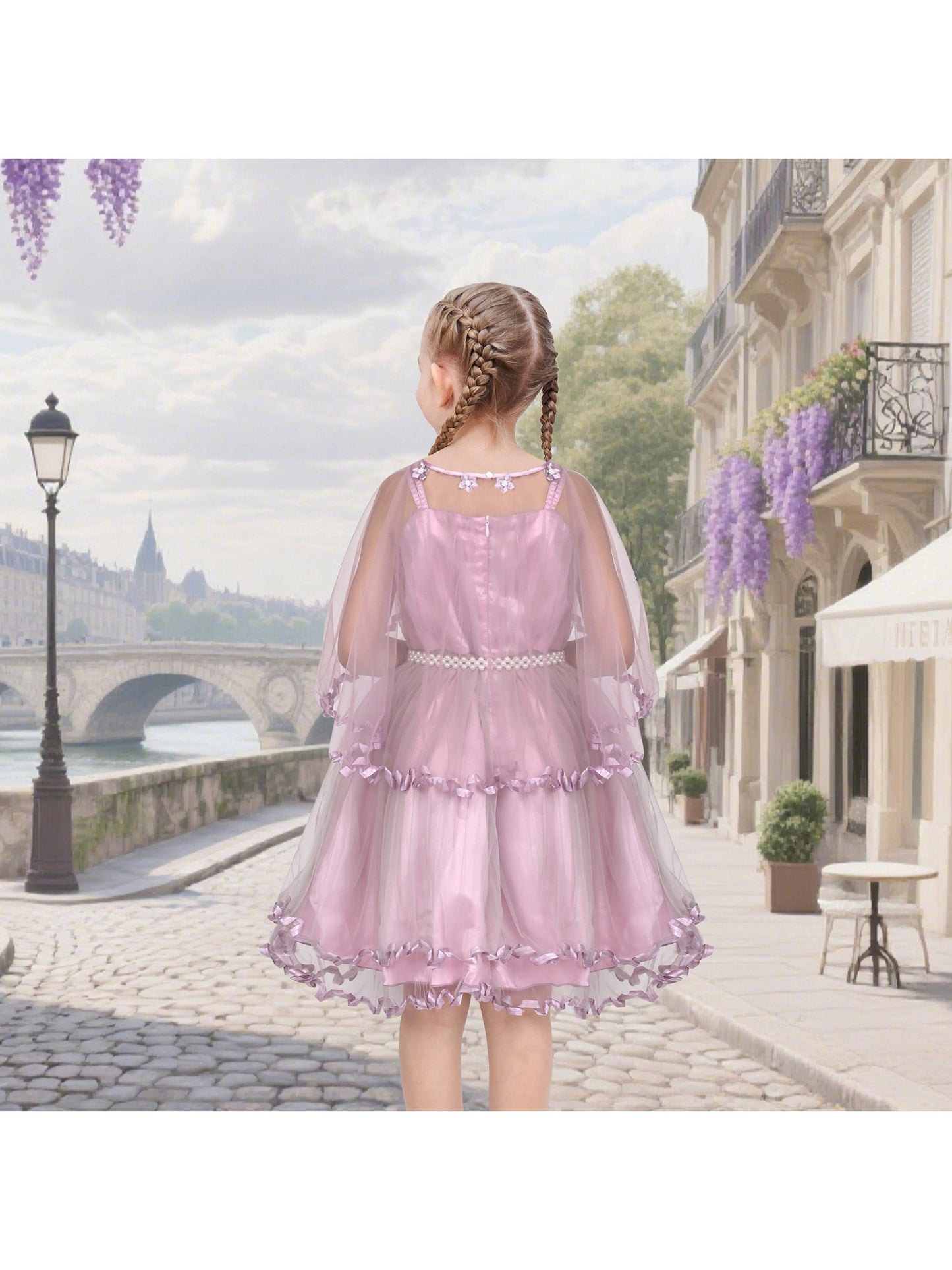 Flower Girls Dress Tulle Spaghetti Strap Pearl Ruffle Hem Wedding Bridesmaid Green Purple