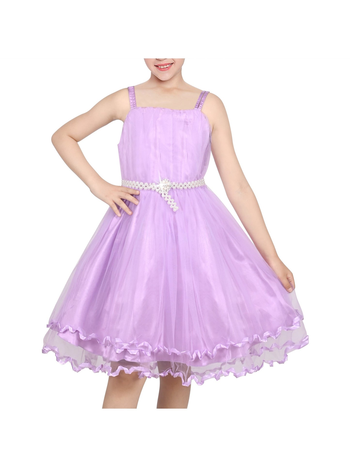 Flower Girls Dress Tulle Spaghetti Strap Pearl Ruffle Hem Wedding Bridesmaid Green Purple