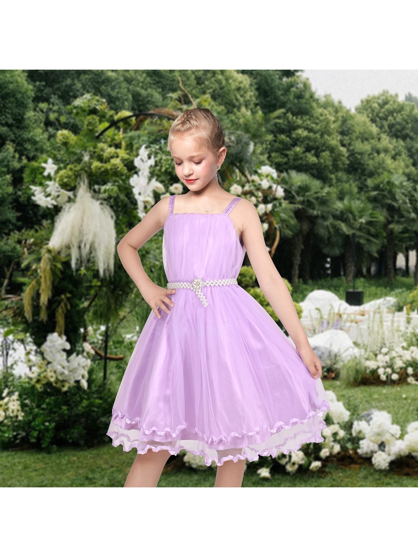 Flower Girls Dress Tulle Spaghetti Strap Pearl Ruffle Hem Wedding Bridesmaid Green Purple