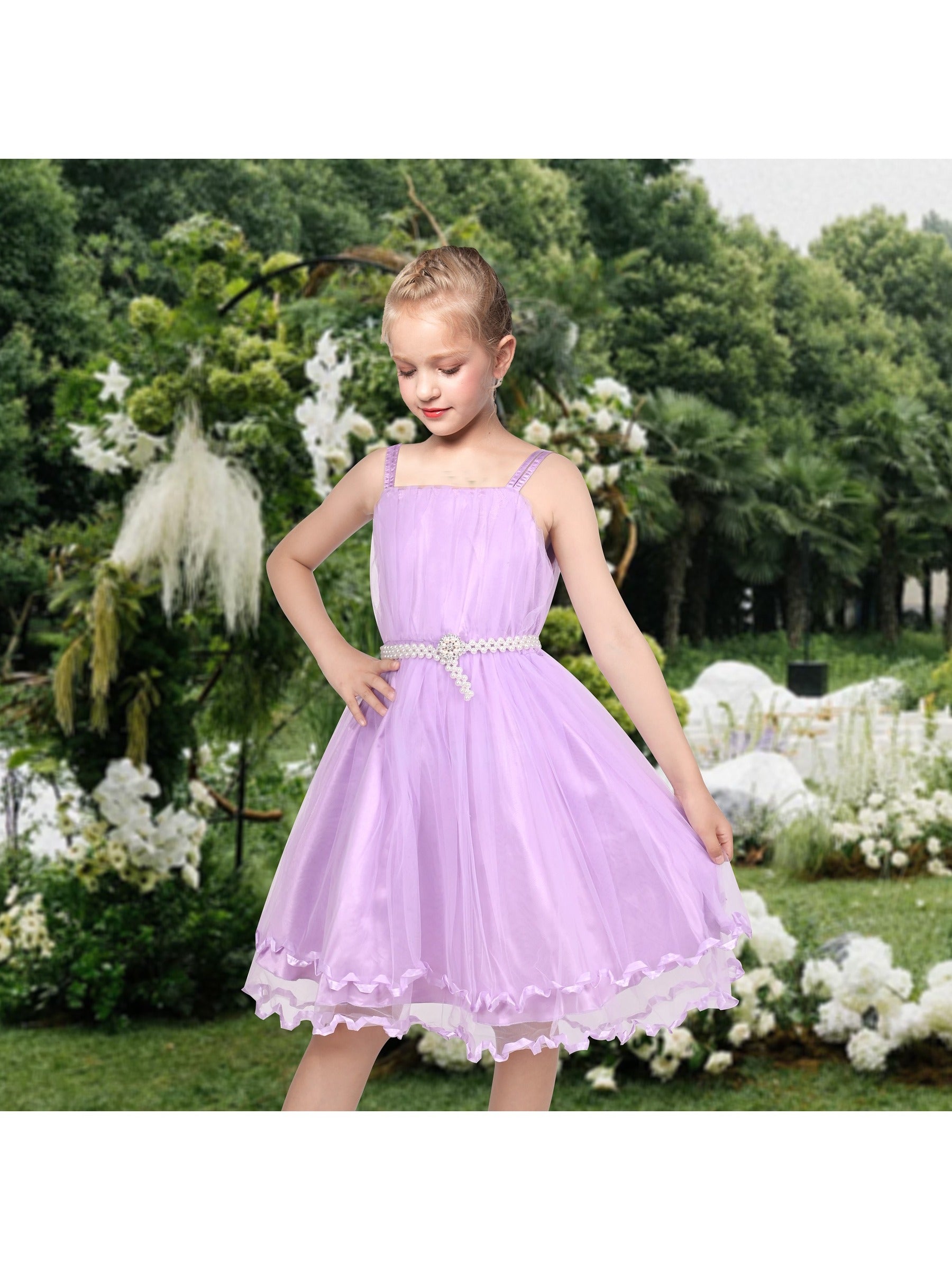 Flower Girls Dress Tulle Spaghetti Strap Pearl Ruffle Hem Wedding Bridesmaid Green Purple