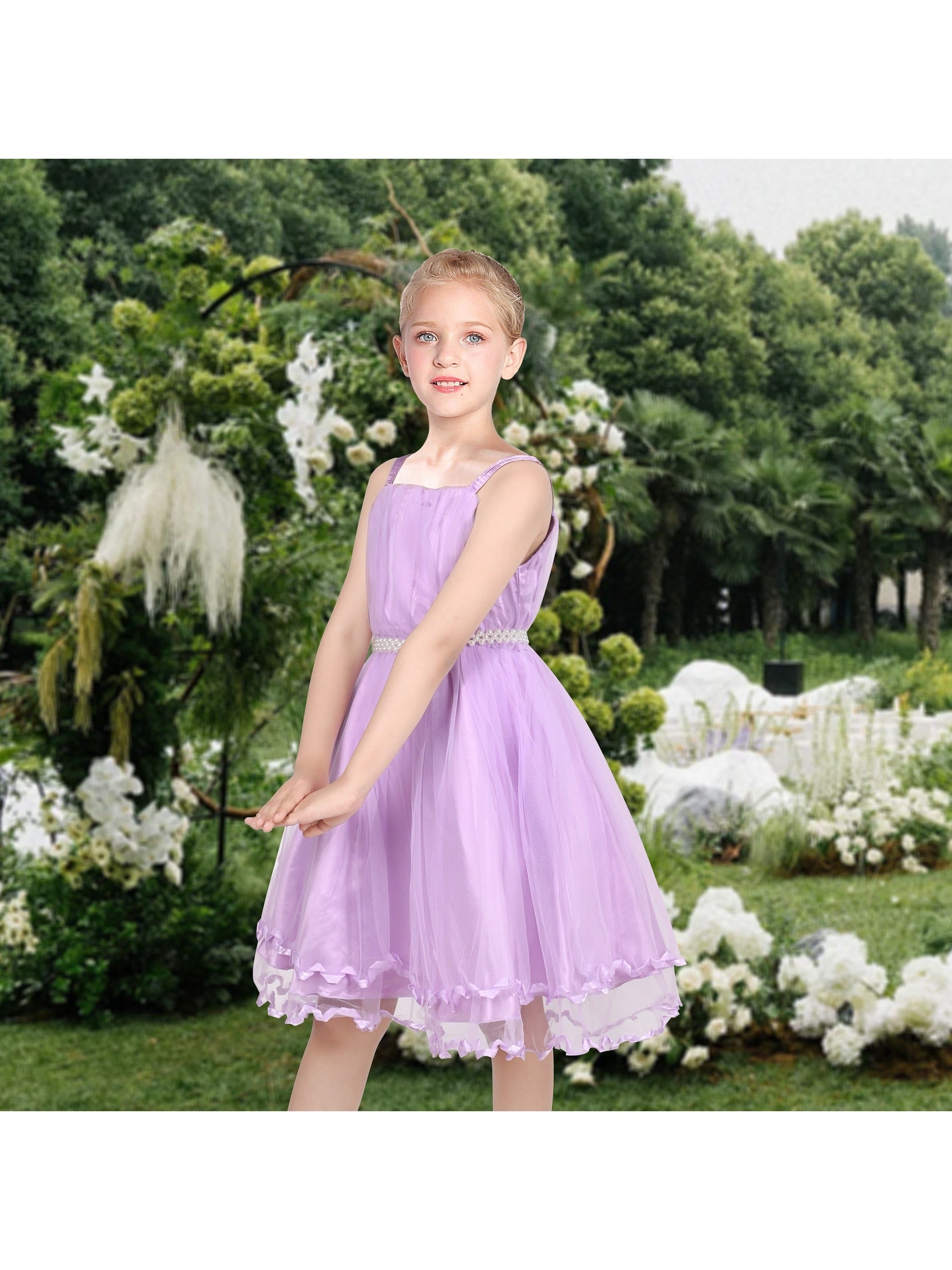 Flower Girls Dress Tulle Spaghetti Strap Pearl Ruffle Hem Wedding Bridesmaid Green Purple