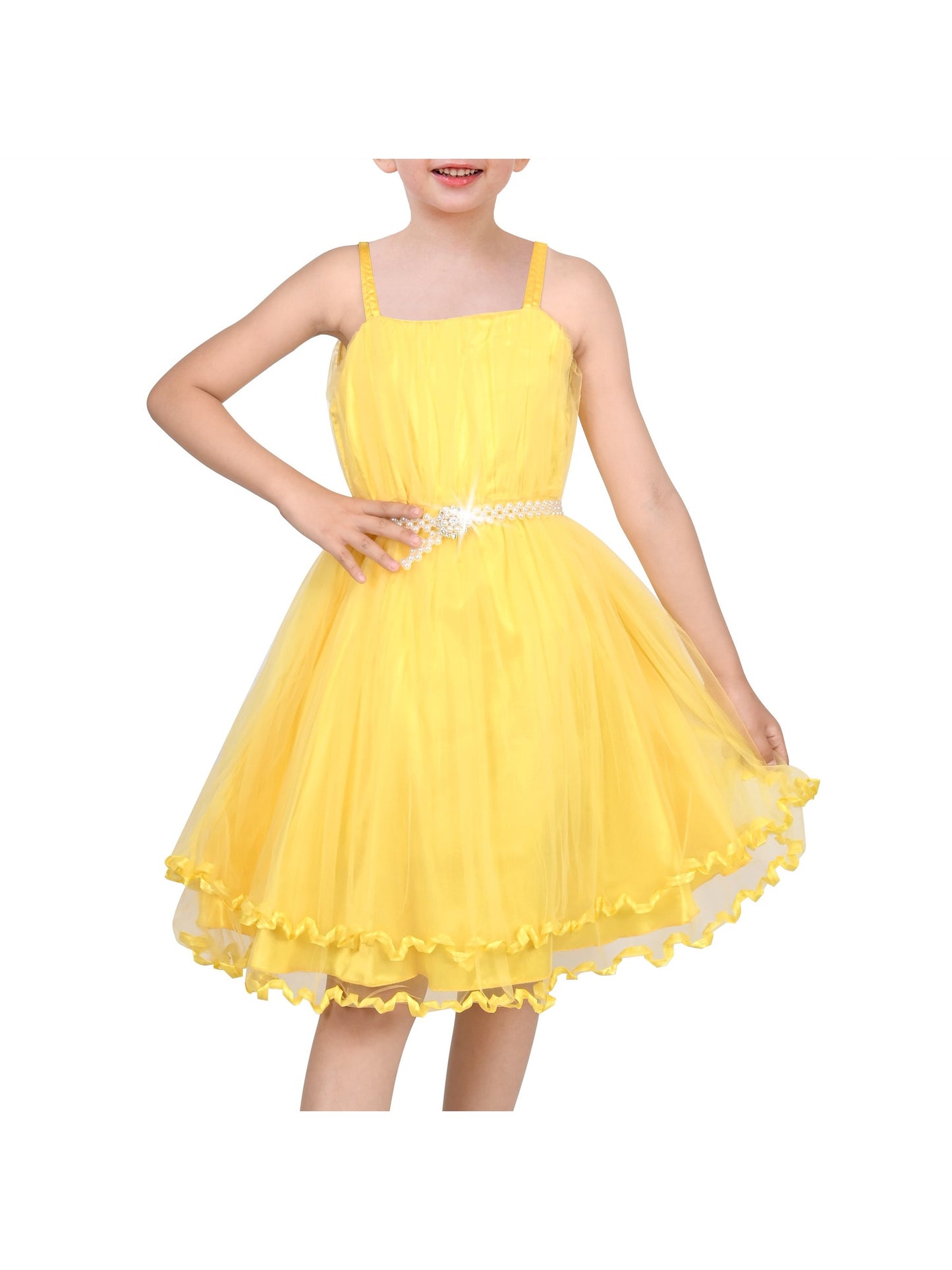 Flower Girls Dress Tulle Spaghetti Strap Pearl Ruffle Hem Wedding Bridesmaid Green Yellow
