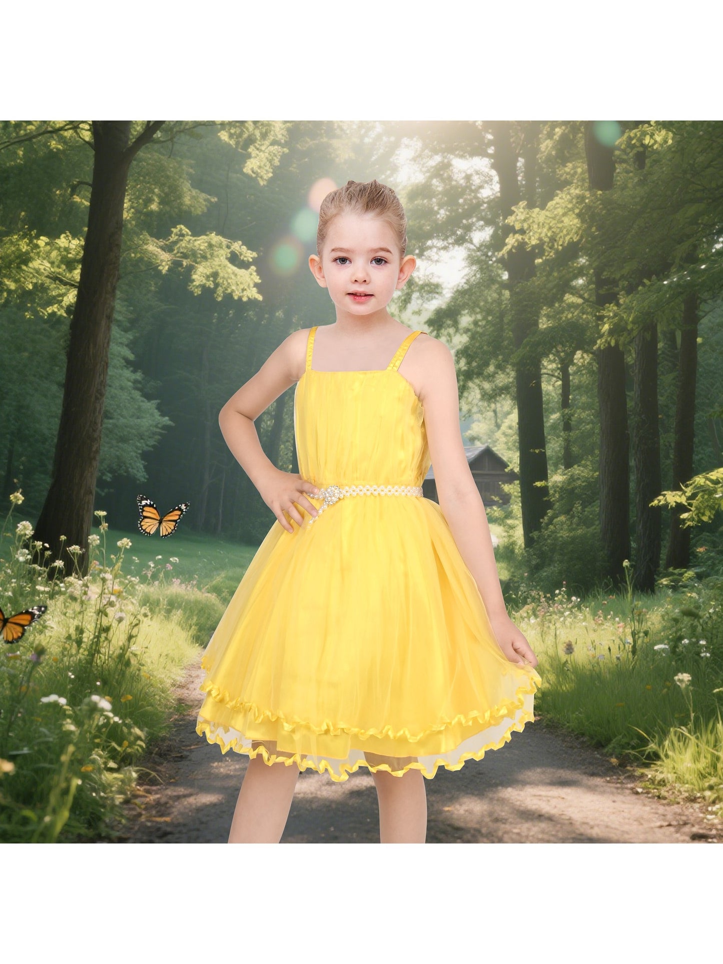 Flower Girls Dress Tulle Spaghetti Strap Pearl Ruffle Hem Wedding Bridesmaid Green Yellow
