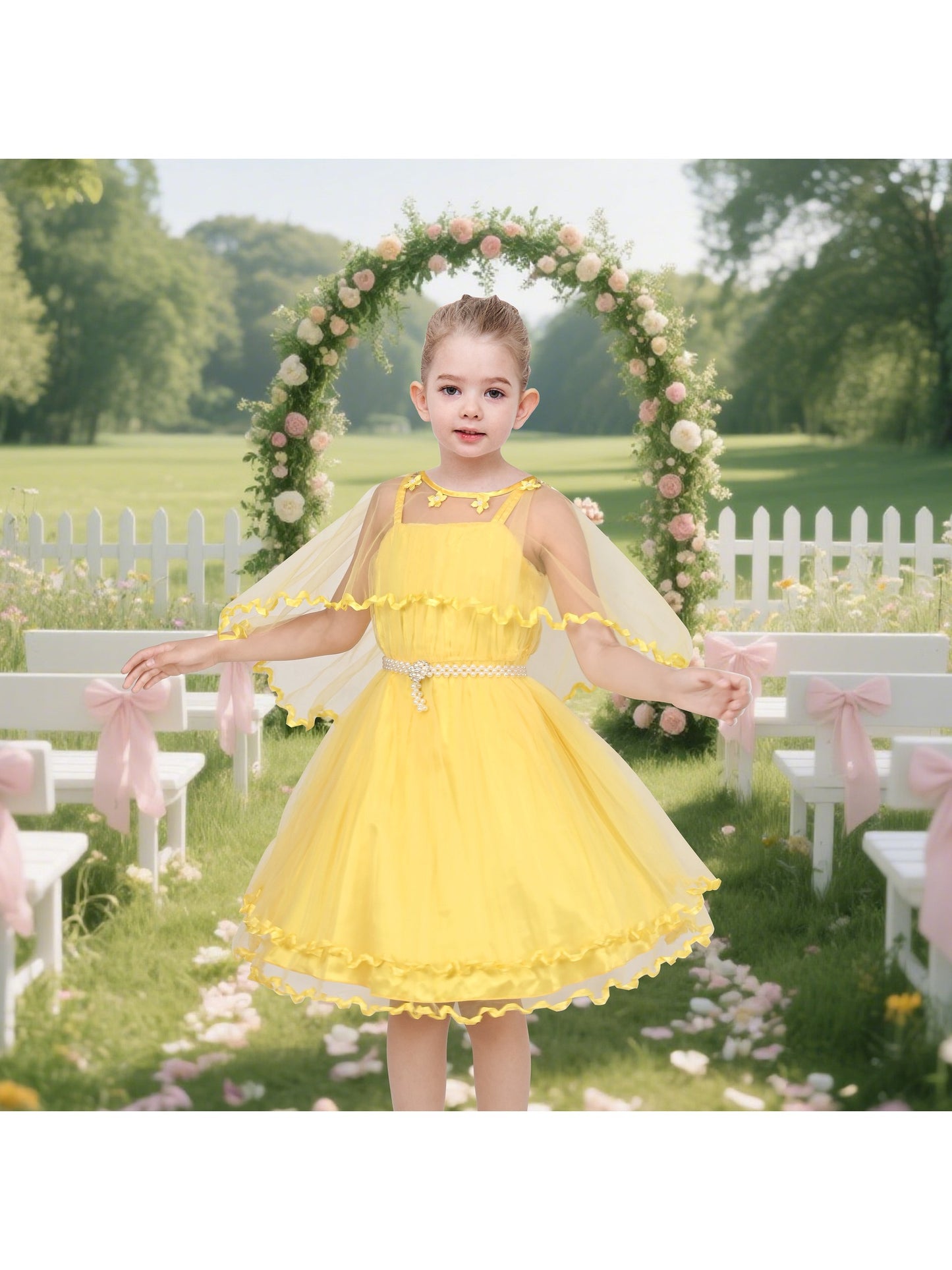 Flower Girls Dress Tulle Spaghetti Strap Pearl Ruffle Hem Wedding Bridesmaid Green Yellow
