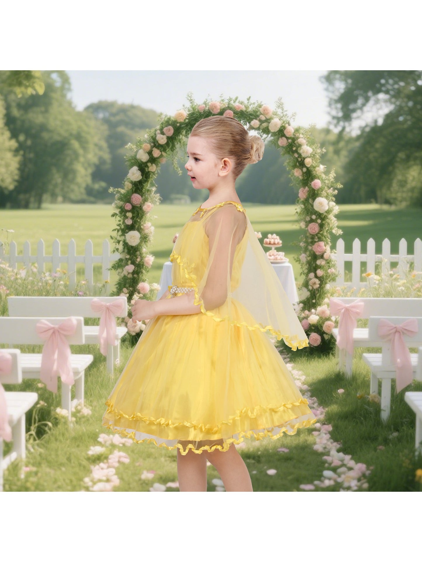 Flower Girls Dress Tulle Spaghetti Strap Pearl Ruffle Hem Wedding Bridesmaid Green Yellow