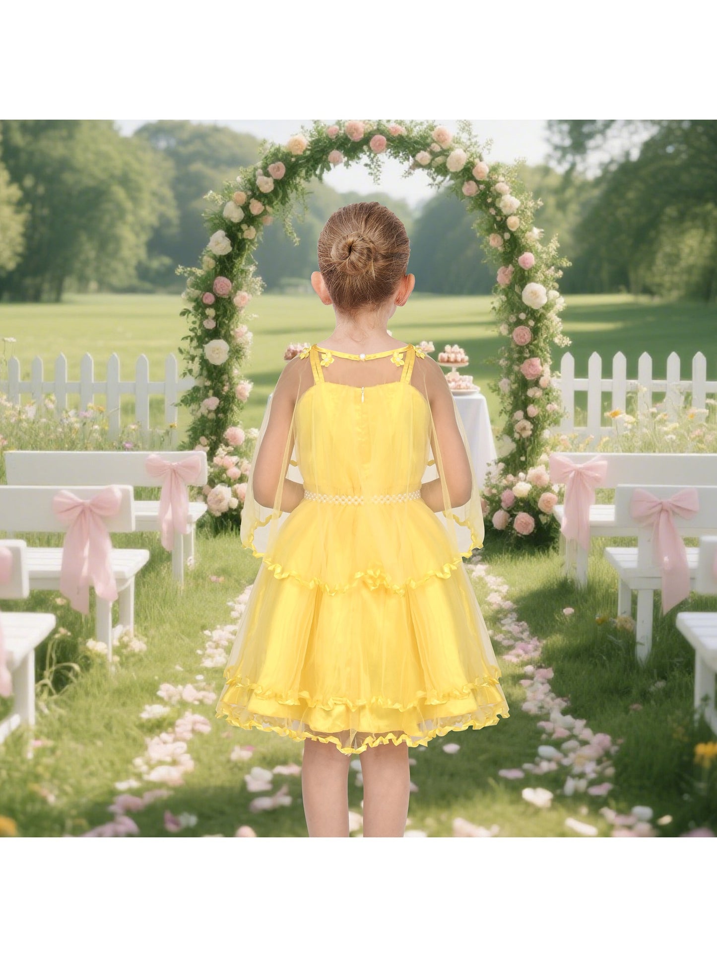 Flower Girls Dress Tulle Spaghetti Strap Pearl Ruffle Hem Wedding Bridesmaid Green Yellow