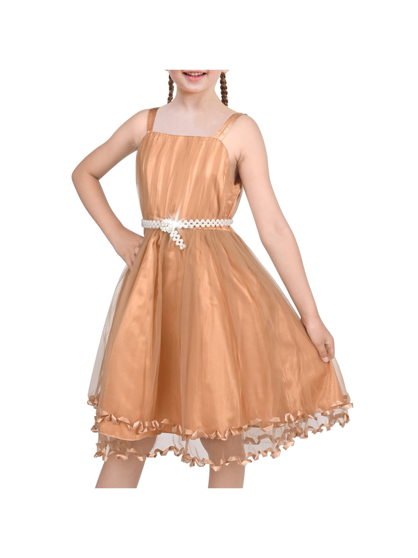 Flower Girls Dress Tulle Spaghetti Strap Pearl Ruffle Hem Wedding Bridesmaid Green Brown