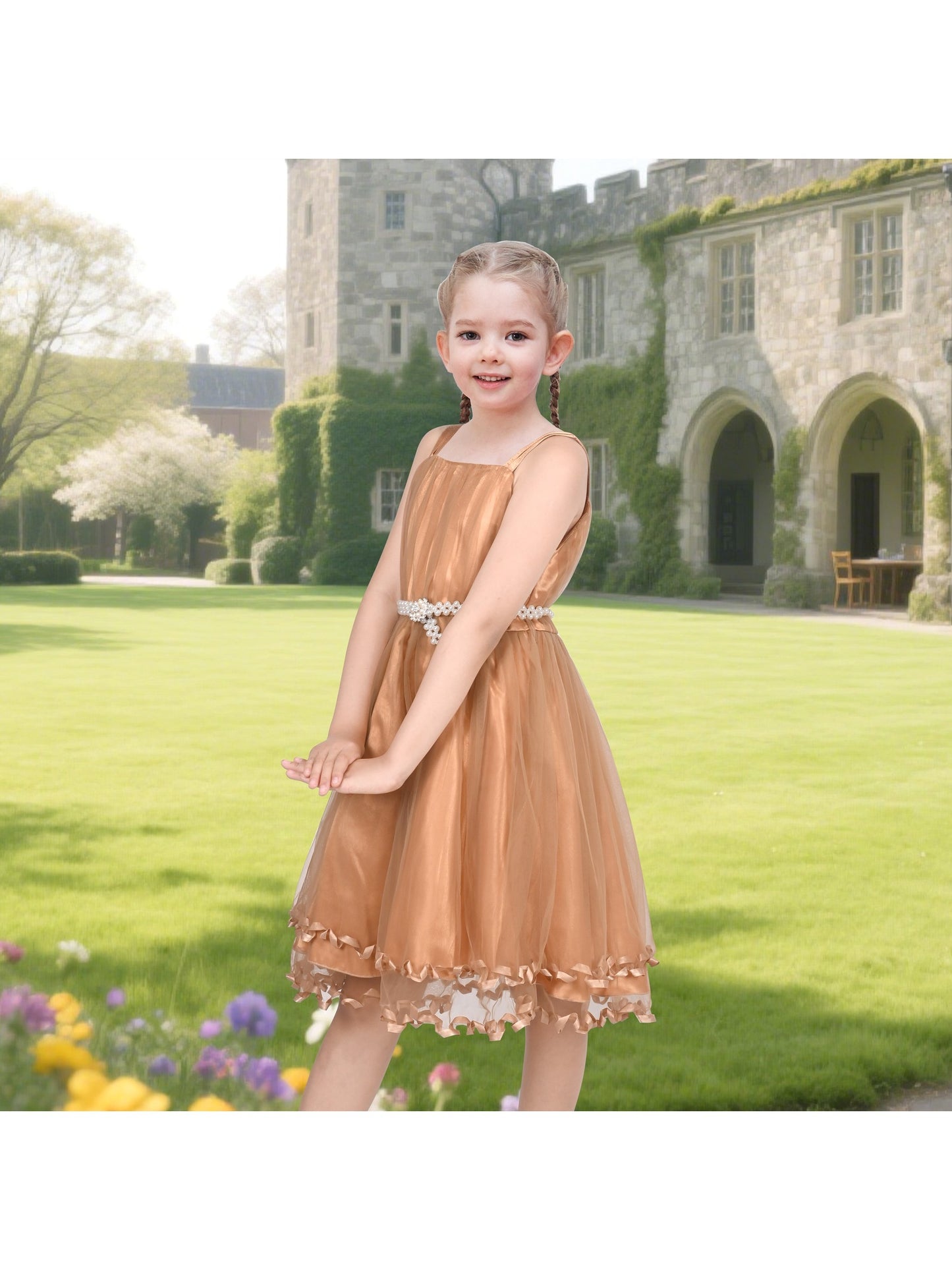 Flower Girls Dress Tulle Spaghetti Strap Pearl Ruffle Hem Wedding Bridesmaid Green Brown