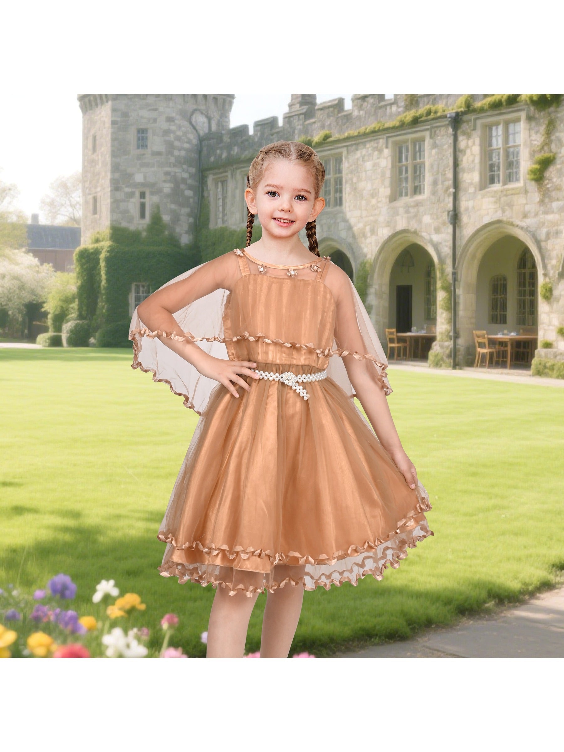 Flower Girls Dress Tulle Spaghetti Strap Pearl Ruffle Hem Wedding Bridesmaid Green Brown
