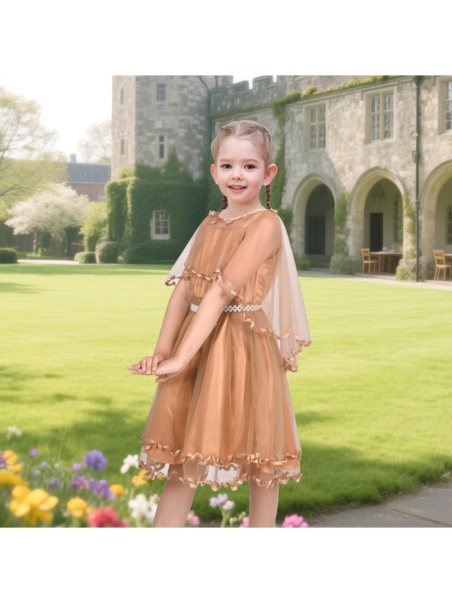 Flower Girls Dress Tulle Spaghetti Strap Pearl Ruffle Hem Wedding Bridesmaid Green Brown
