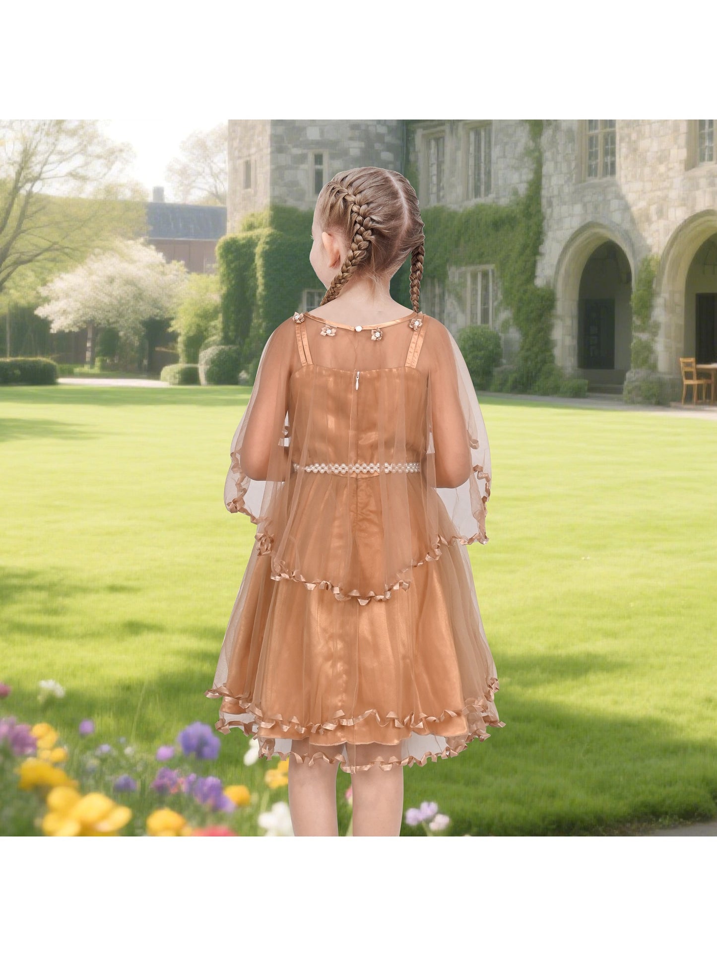 Flower Girls Dress Tulle Spaghetti Strap Pearl Ruffle Hem Wedding Bridesmaid Green Brown