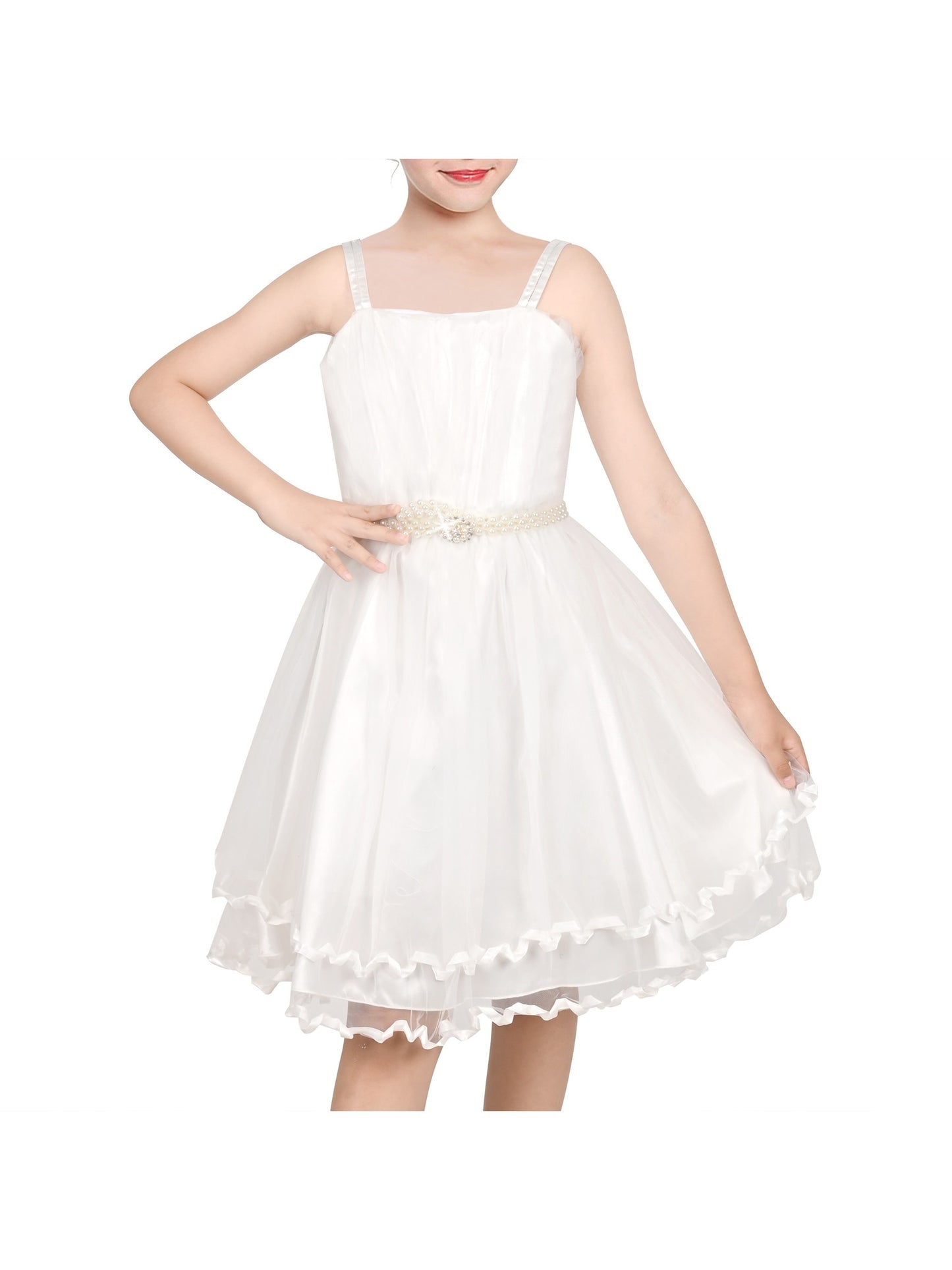 Flower Girls Dress Tulle Spaghetti Strap Pearl Ruffle Hem Wedding Bridesmaid Green White