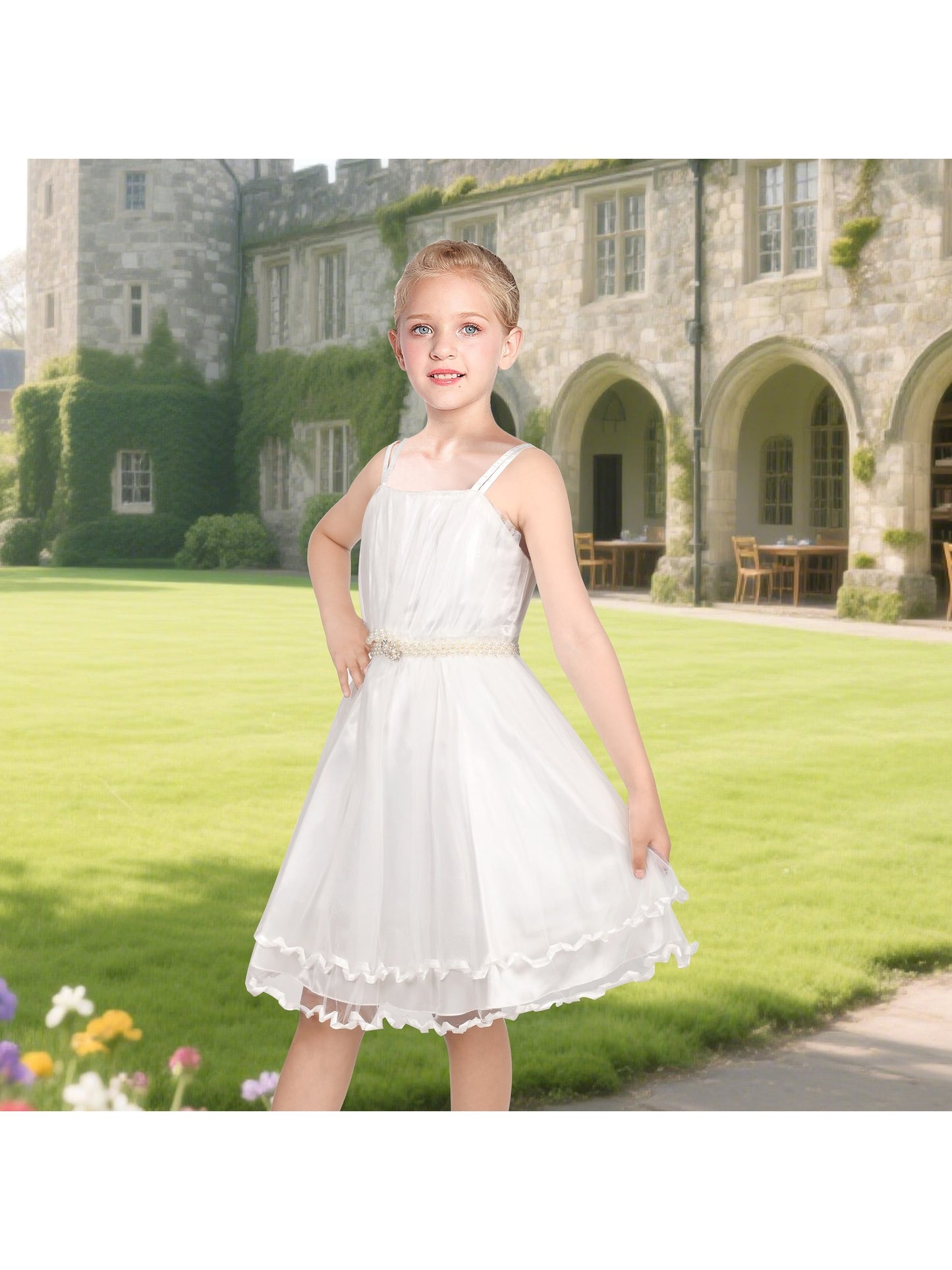 Flower Girls Dress Tulle Spaghetti Strap Pearl Ruffle Hem Wedding Bridesmaid Green White