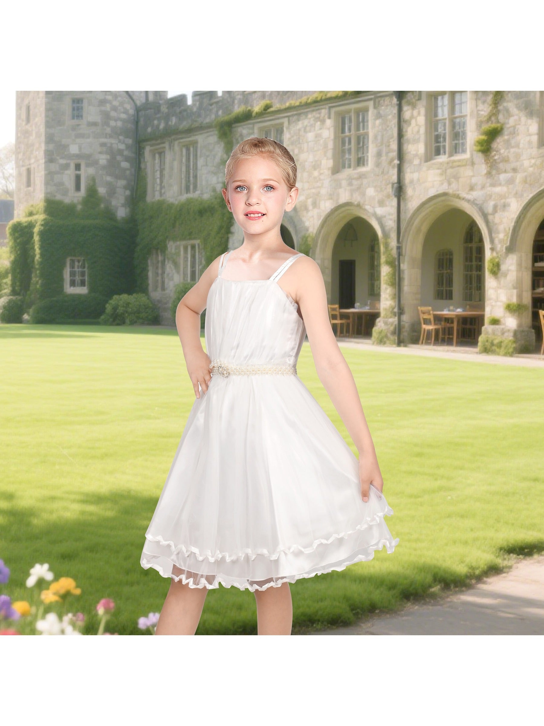 Flower Girls Dress Tulle Spaghetti Strap Pearl Ruffle Hem Wedding Bridesmaid Green White