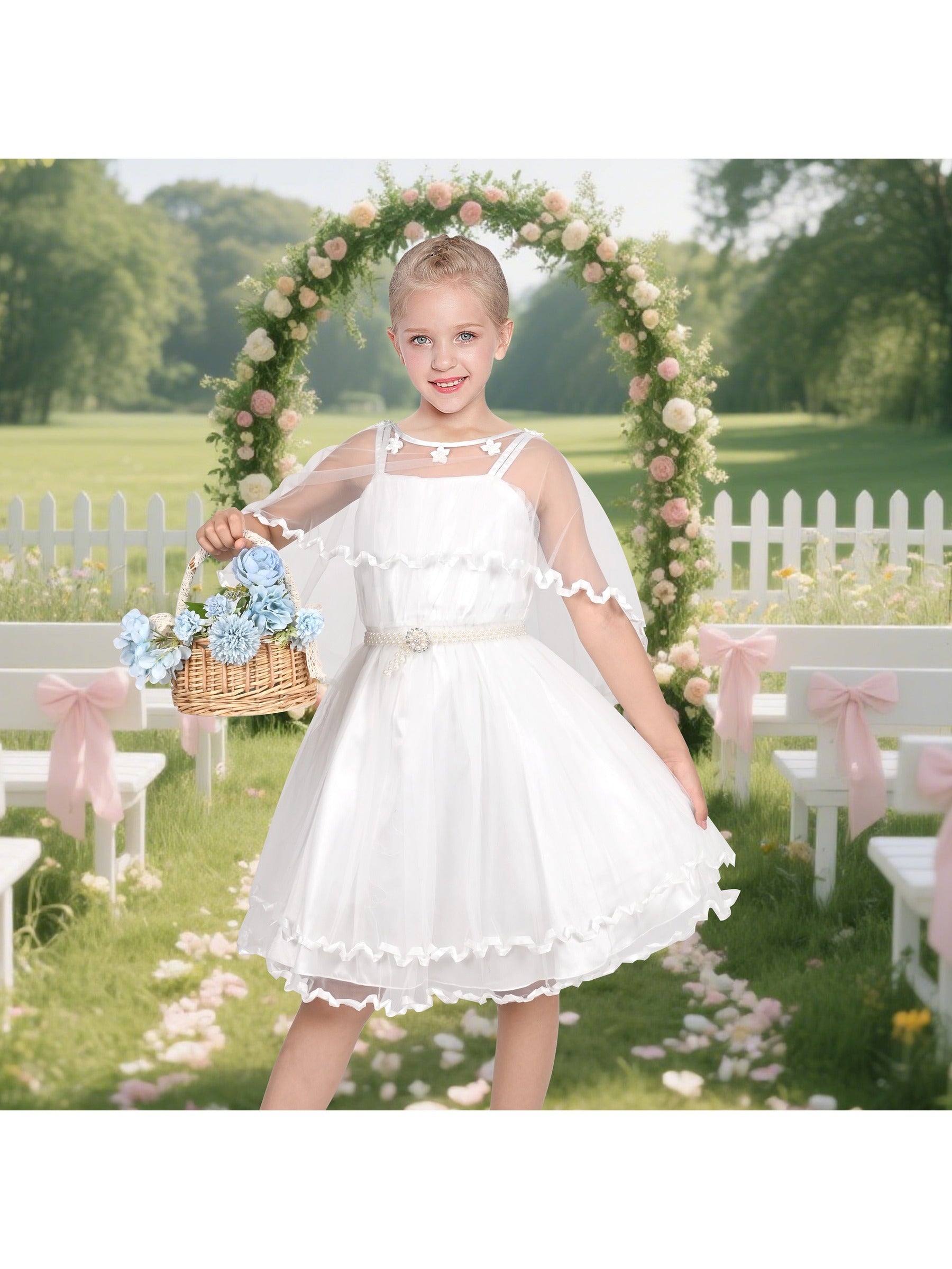 Flower Girls Dress Tulle Spaghetti Strap Pearl Ruffle Hem Wedding Bridesmaid Green White