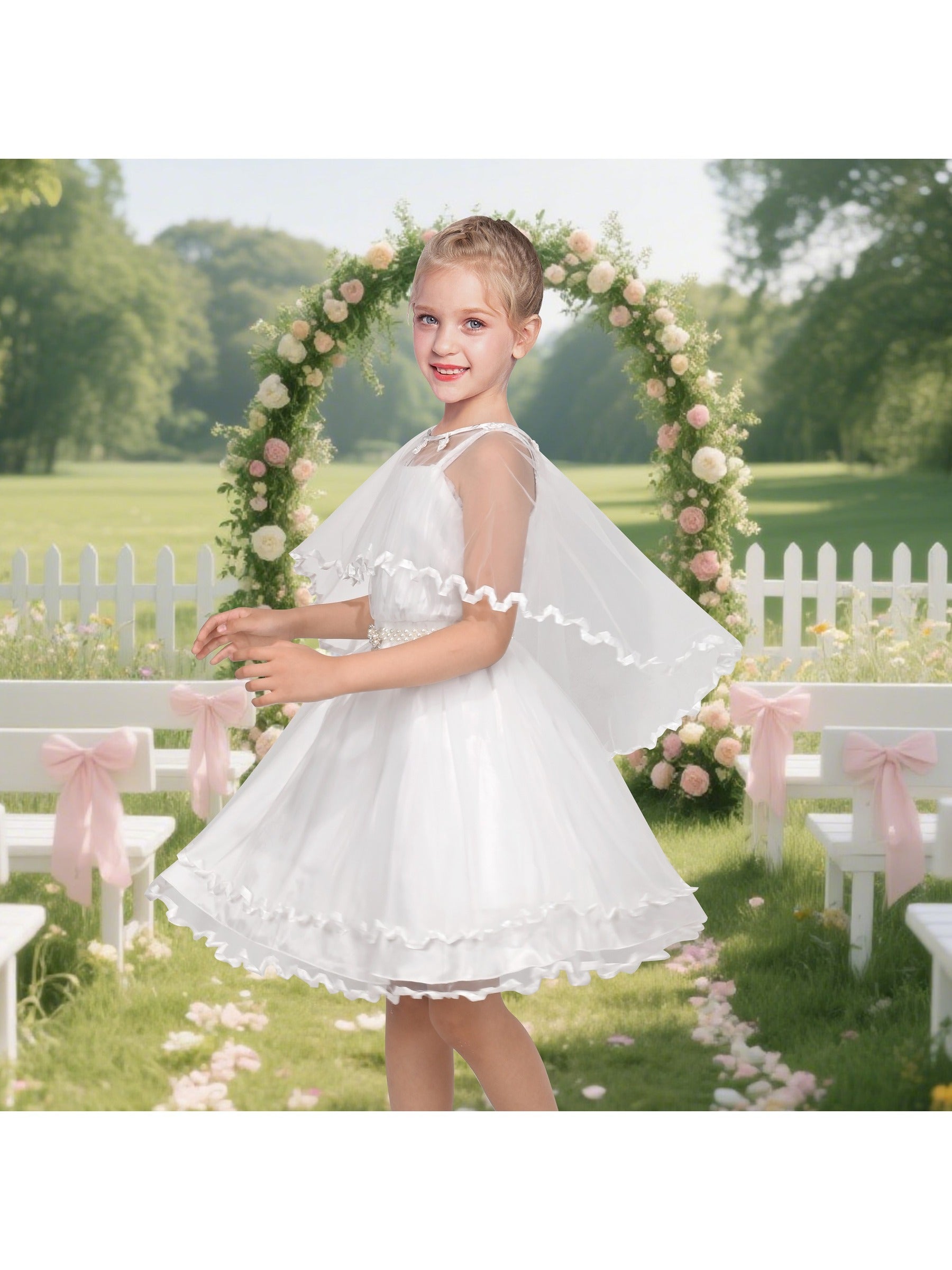 Flower Girls Dress Tulle Spaghetti Strap Pearl Ruffle Hem Wedding Bridesmaid Green White