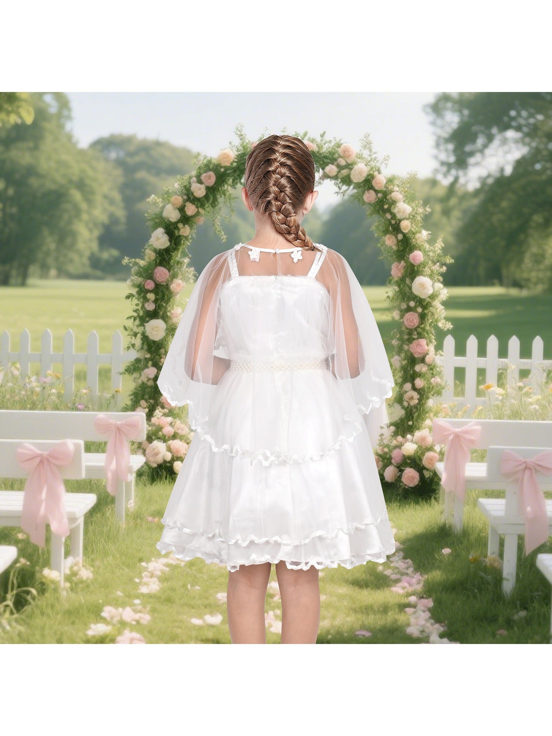 Flower Girls Dress Tulle Spaghetti Strap Pearl Ruffle Hem Wedding Bridesmaid Green White