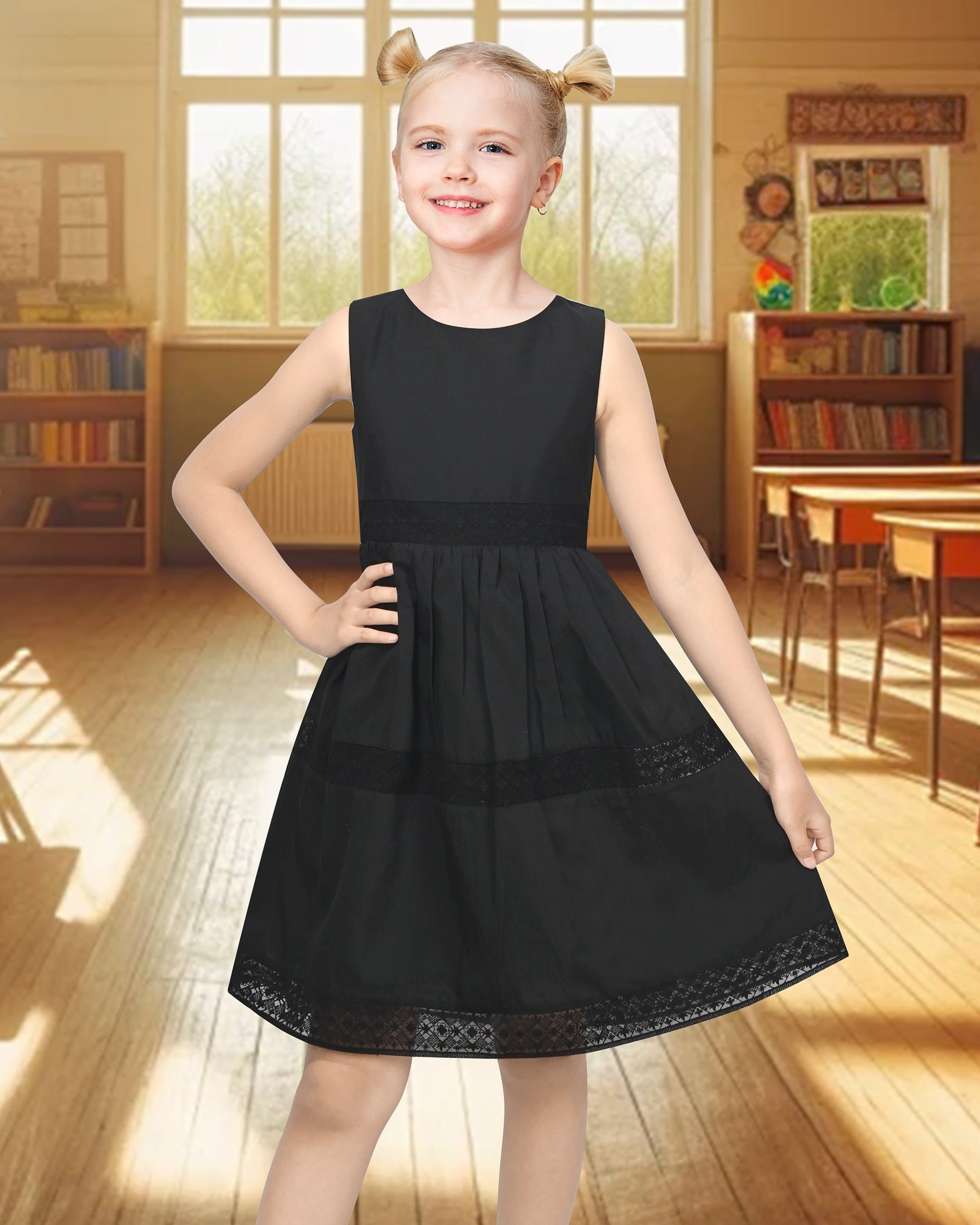 Flower Girls Dress Lace Trim Bow Communion Wedding Baptism Ceremony Birthday Formal Black