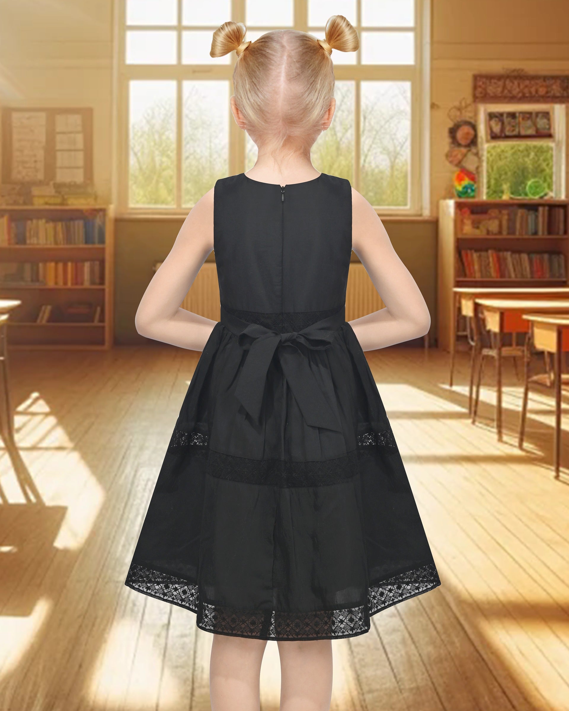 Flower Girls Dress Lace Trim Bow Communion Wedding Baptism Ceremony Birthday Formal Black