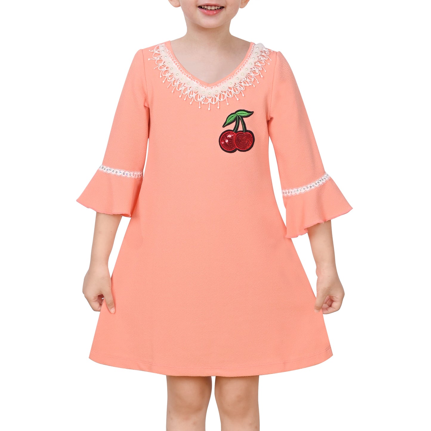 Girls Dress Beige Lace Trim Bell Sleeve Cherry Applique Pearl A-Line Casual Daily Yellow
