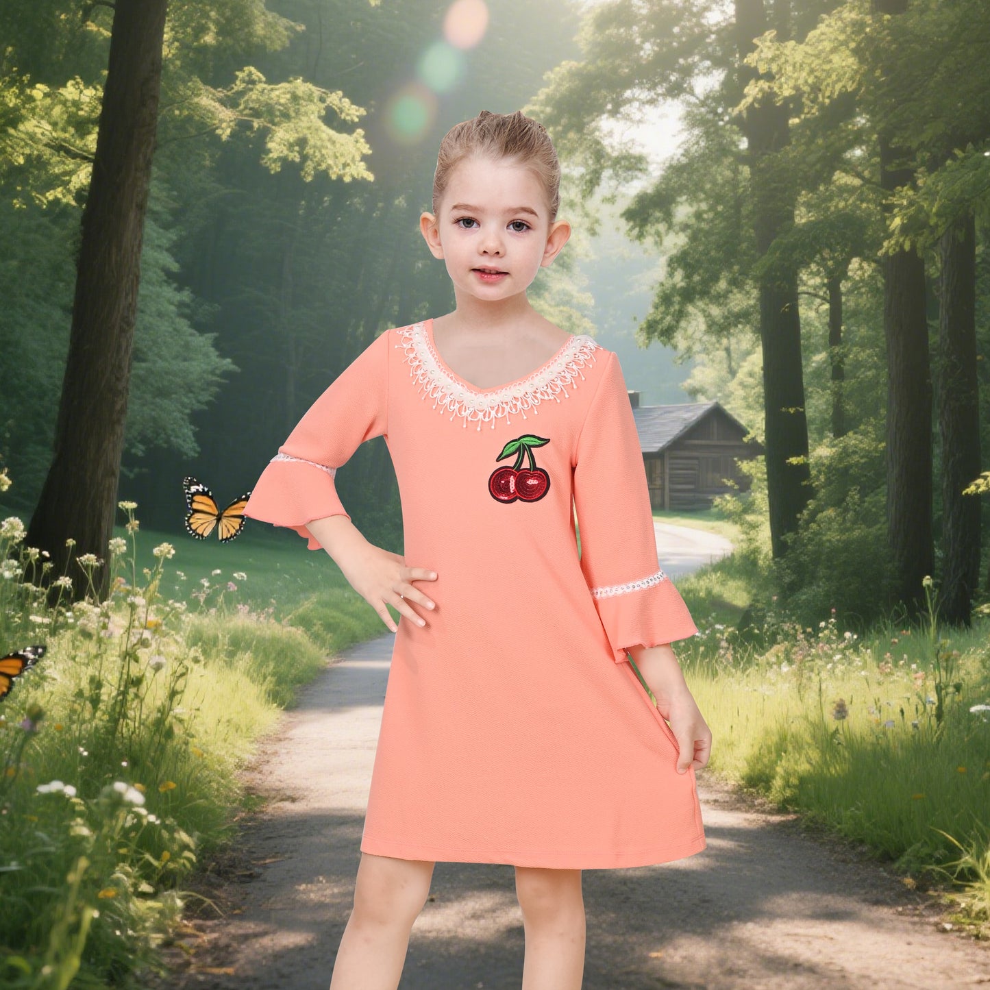 Girls Dress Beige Lace Trim Bell Sleeve Cherry Applique Pearl A-Line Casual Daily Yellow