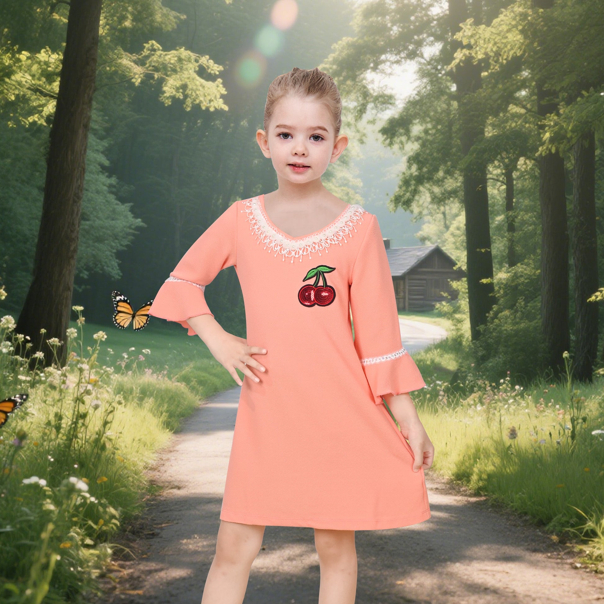 Girls Dress Beige Lace Trim Bell Sleeve Cherry Applique Pearl A-Line Casual Daily Yellow