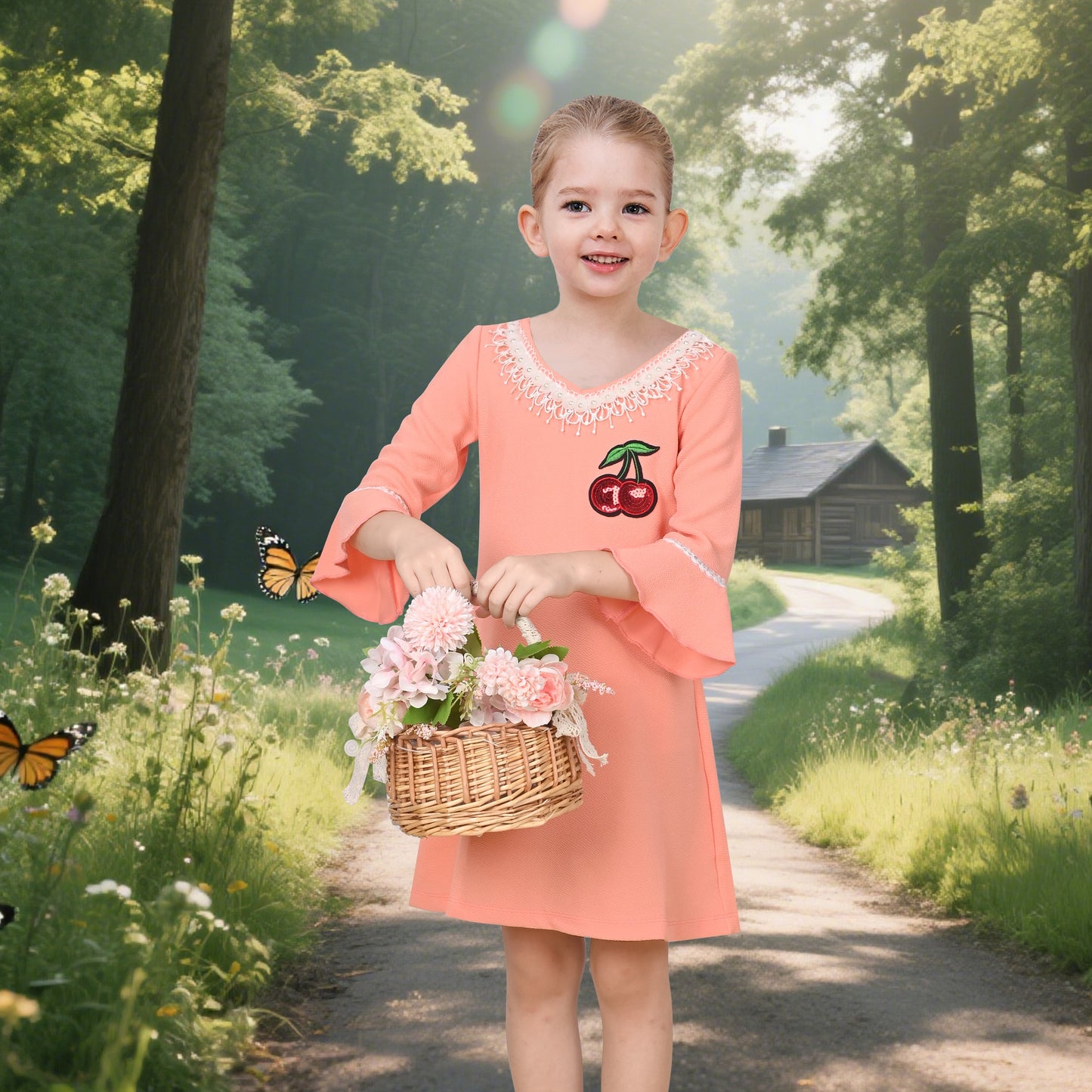 Girls Dress Beige Lace Trim Bell Sleeve Cherry Applique Pearl A-Line Casual Daily Yellow