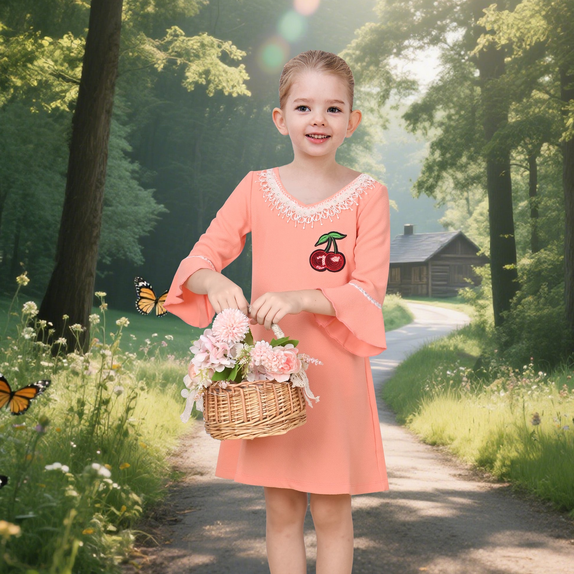 Girls Dress Beige Lace Trim Bell Sleeve Cherry Applique Pearl A-Line Casual Daily Yellow