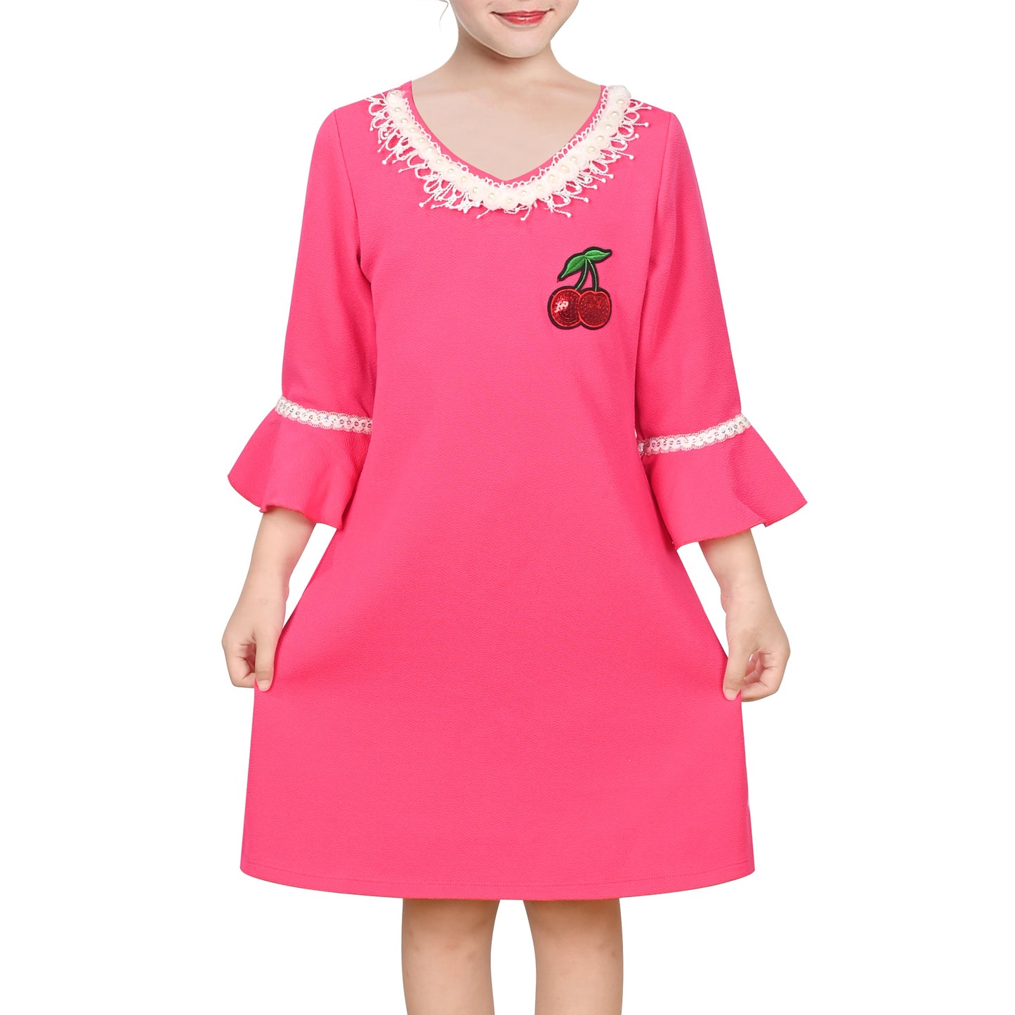 Girls Dress Beige Lace Trim Bell Sleeve Cherry Applique Pearl A-Line Casual Daily Pink