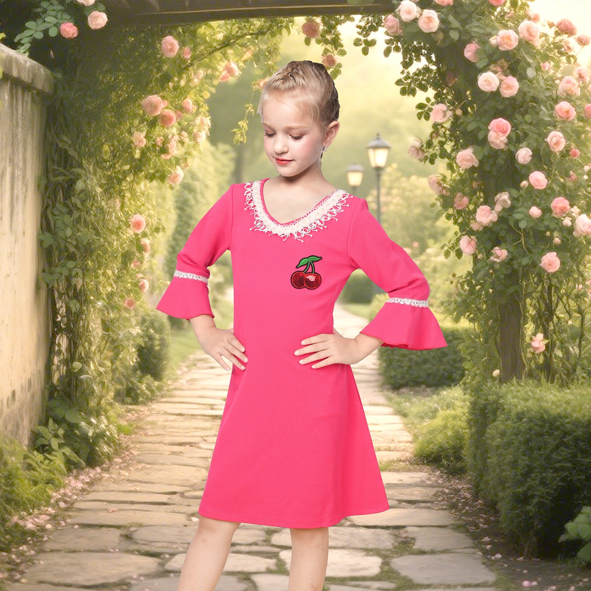 Girls Dress Beige Lace Trim Bell Sleeve Cherry Applique Pearl A-Line Casual Daily Pink
