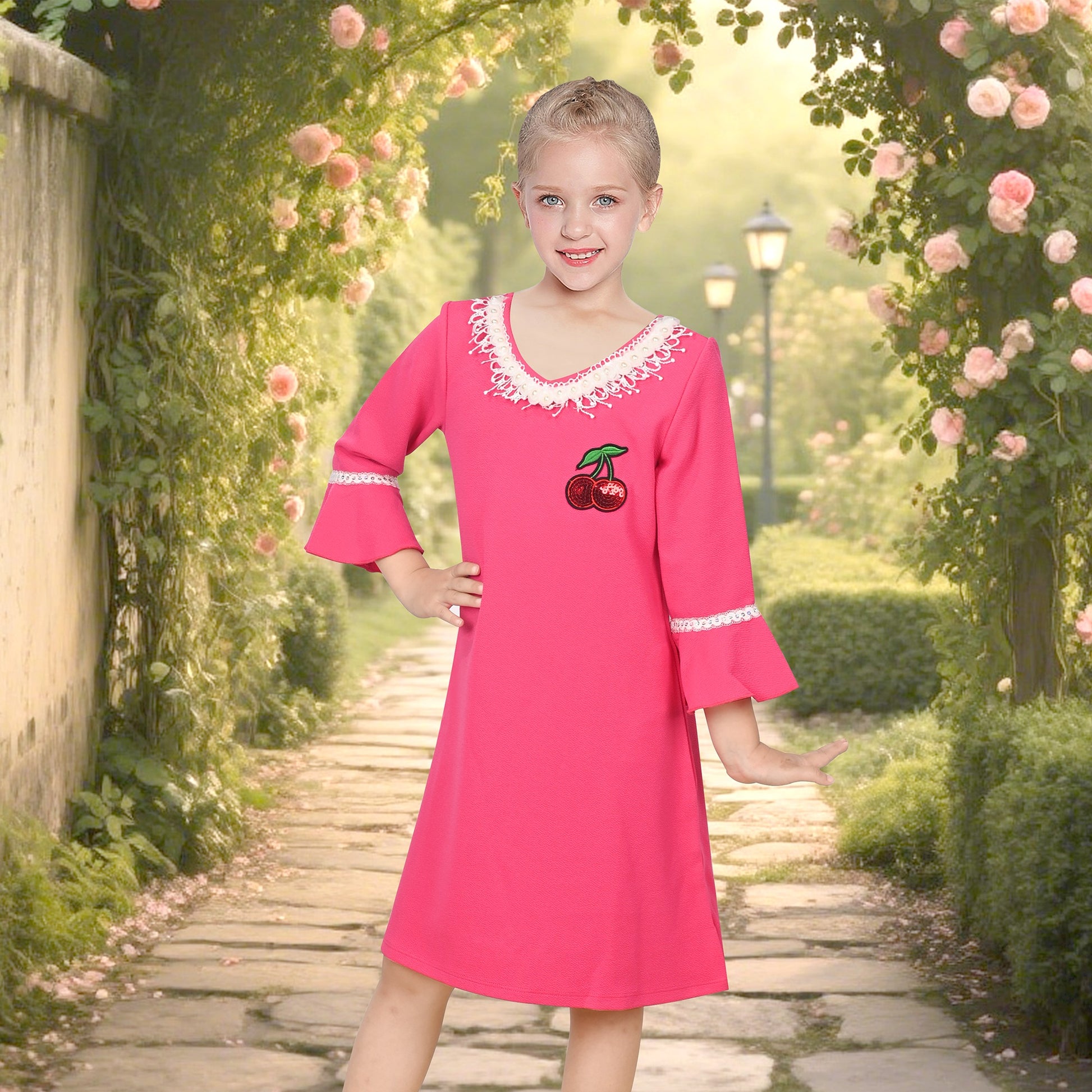 Girls Dress Beige Lace Trim Bell Sleeve Cherry Applique Pearl A-Line Casual Daily Pink