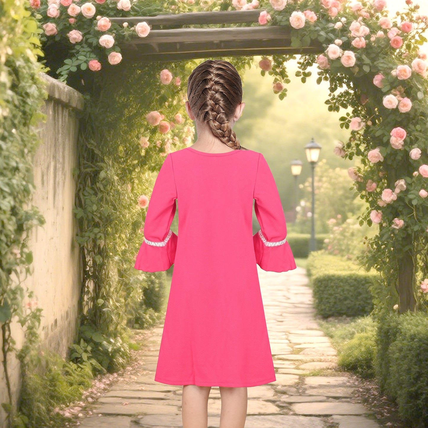 Girls Dress Beige Lace Trim Bell Sleeve Cherry Applique Pearl A-Line Casual Daily Pink