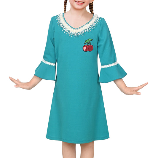 Girls Dress Beige Lace Trim Bell Sleeve Cherry Applique Pearl A-Line Casual Daily Blue