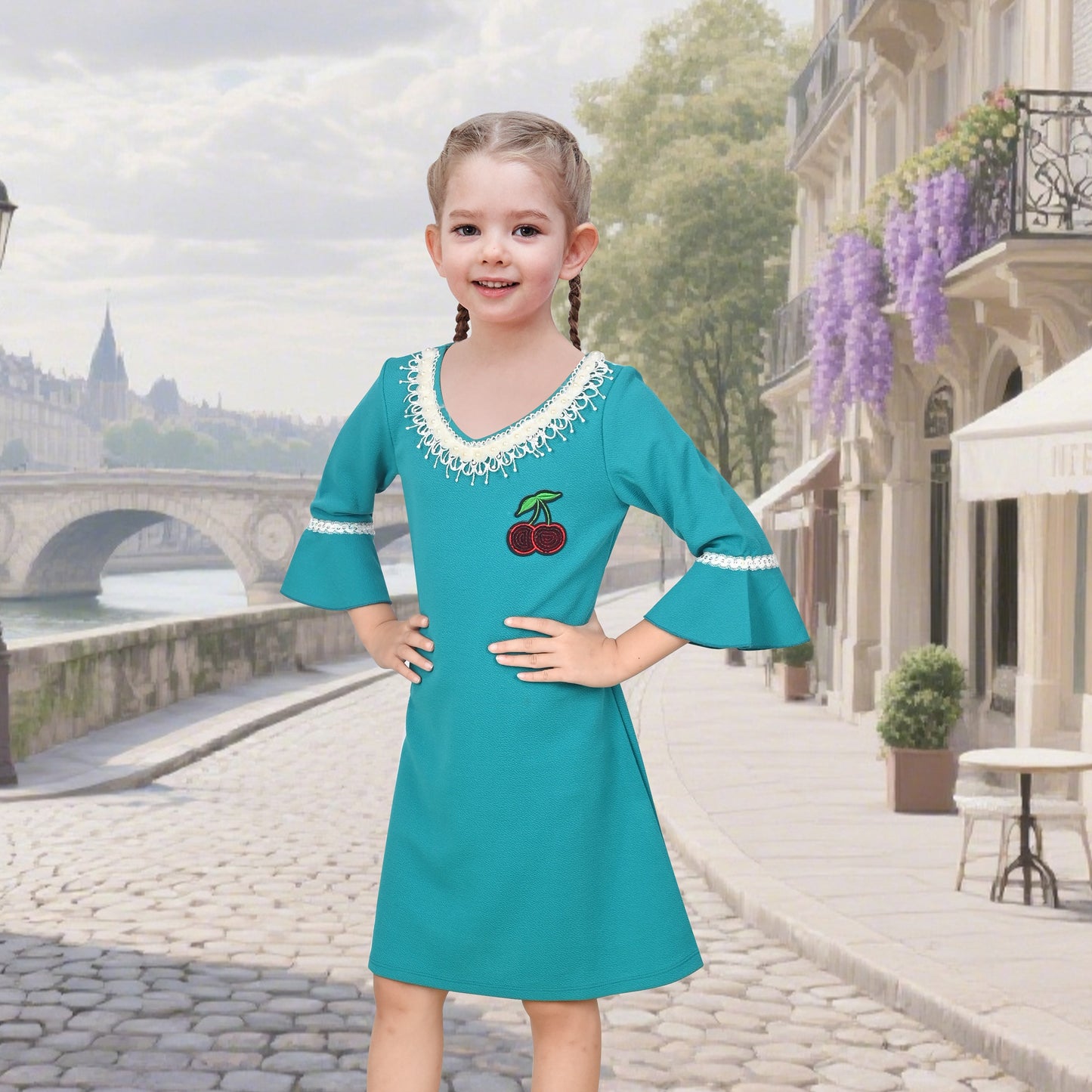 Girls Dress Beige Lace Trim Bell Sleeve Cherry Applique Pearl A-Line Casual Daily Blue