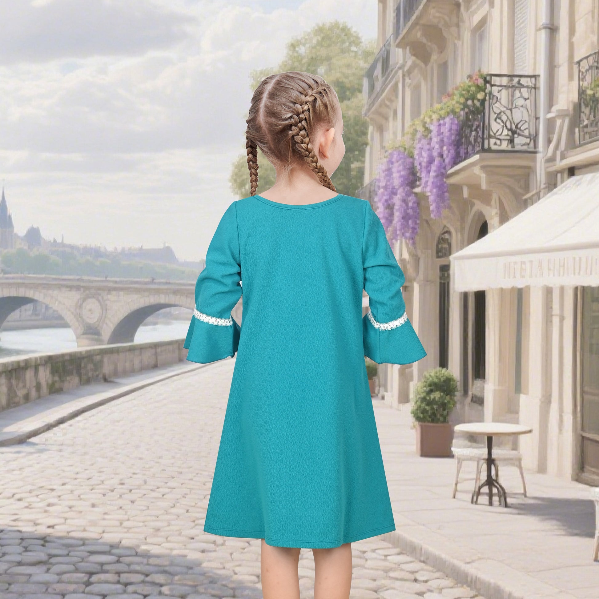 Girls Dress Beige Lace Trim Bell Sleeve Cherry Applique Pearl A-Line Casual Daily Blue