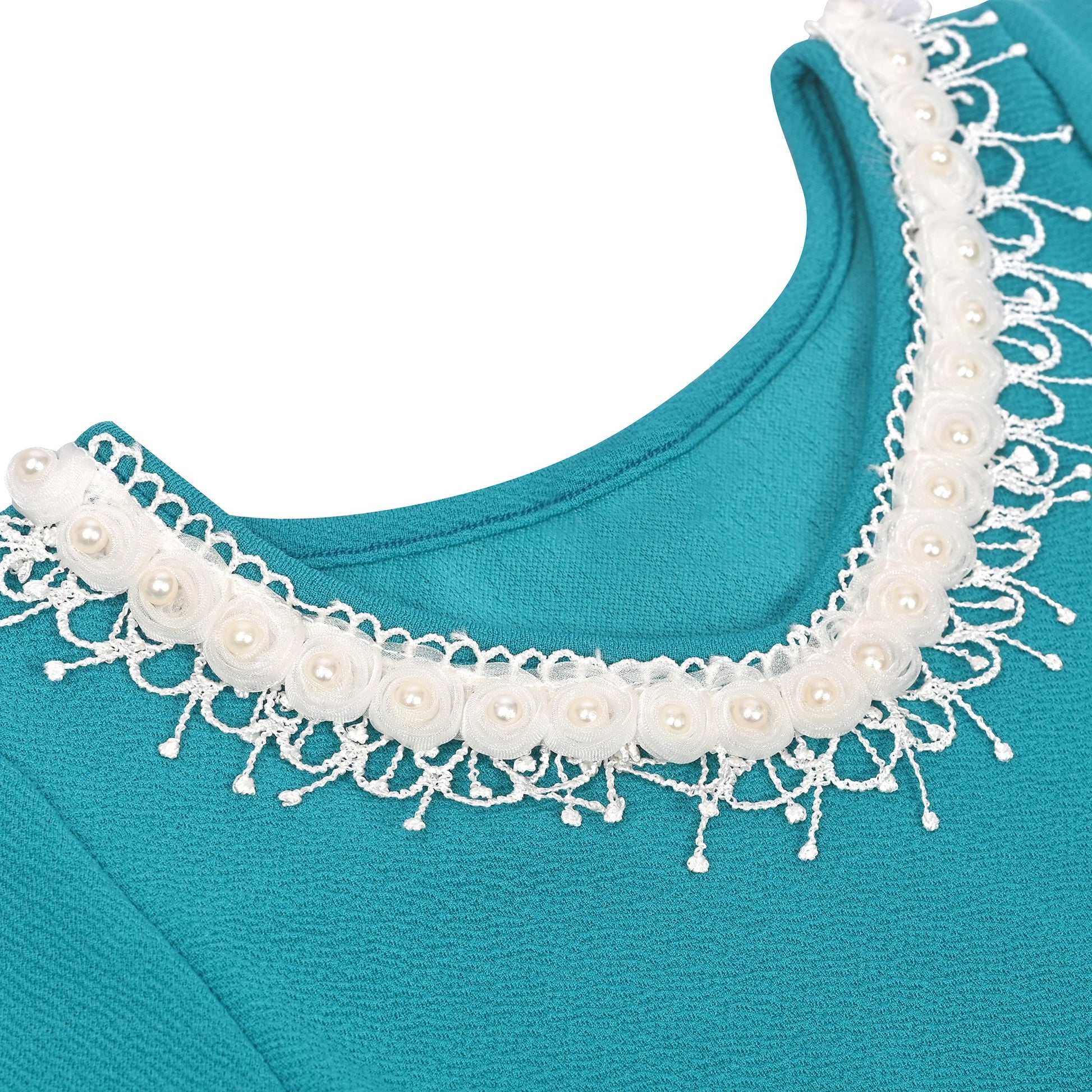 Girls Dress Beige Lace Trim Bell Sleeve Cherry Applique Pearl A-Line Casual Daily Blue