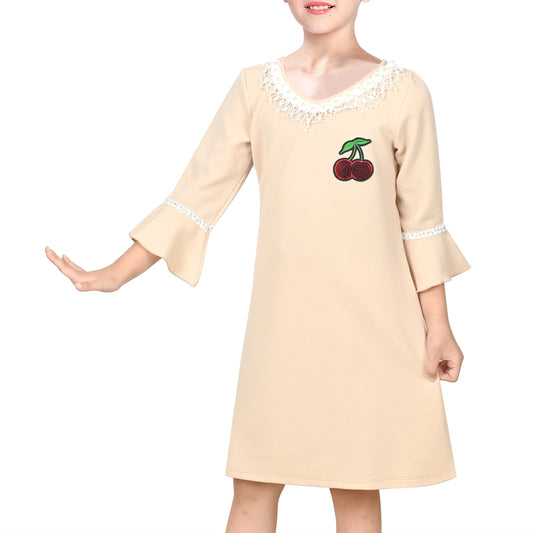 Girls Dress Beige Lace Trim Bell Sleeve Cherry Applique Pearl A-Line Casual Daily Beige