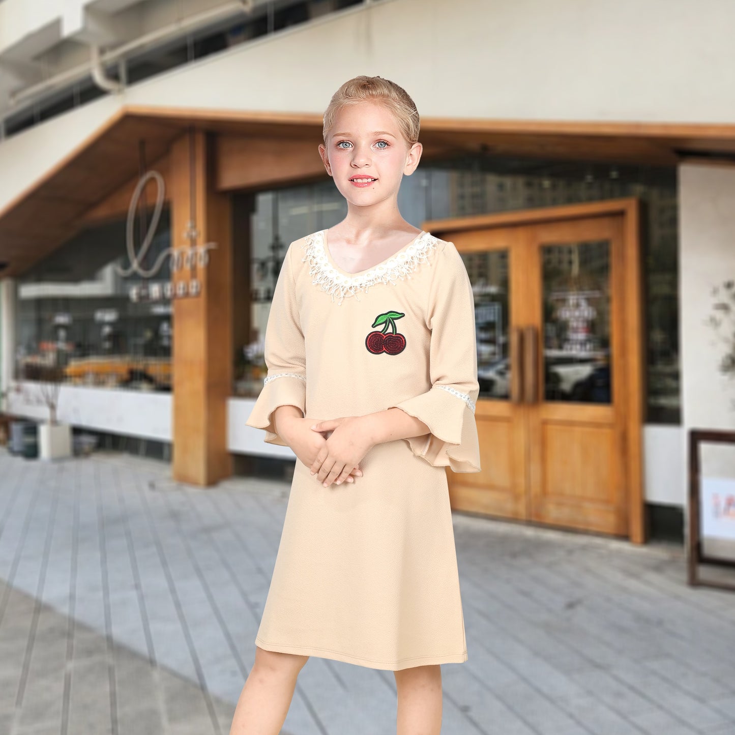 Girls Dress Beige Lace Trim Bell Sleeve Cherry Applique Pearl A-Line Casual Daily Beige