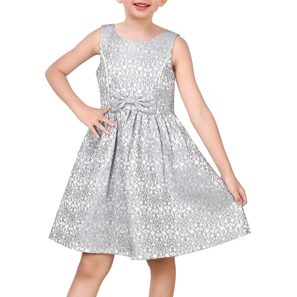 Girls Dress Gray Bow Jacquard Flared Sleeveless Princess Wedding Formal Special - Silver