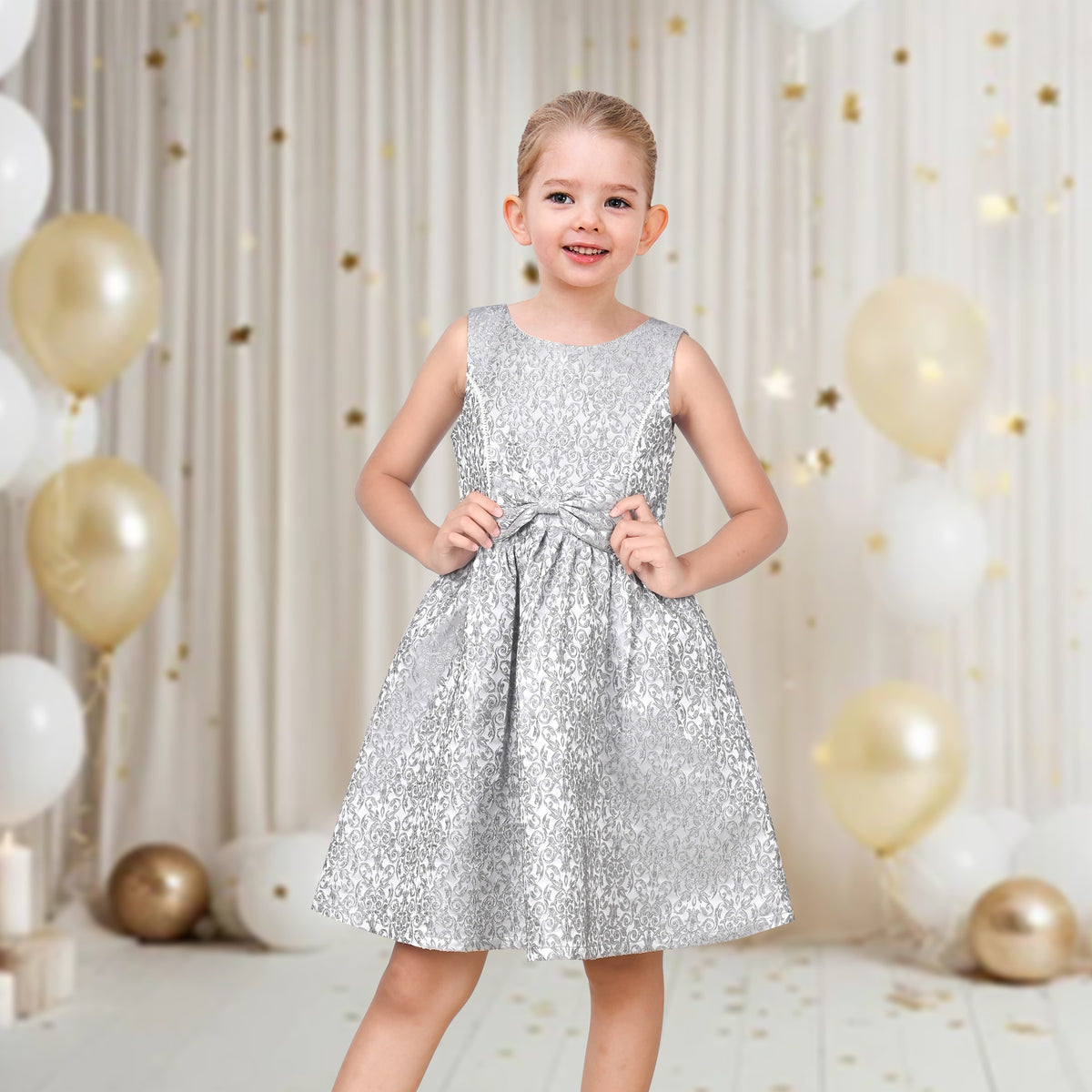 Girls Dress Gray Bow Jacquard Flared Sleeveless Princess Wedding Formal Special - Silver
