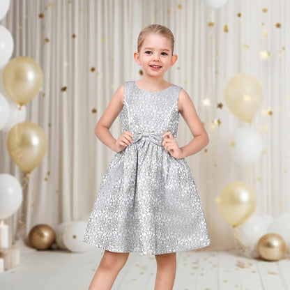 Girls Dress Gray Bow Jacquard Flared Sleeveless Princess Wedding Formal Special - Silver