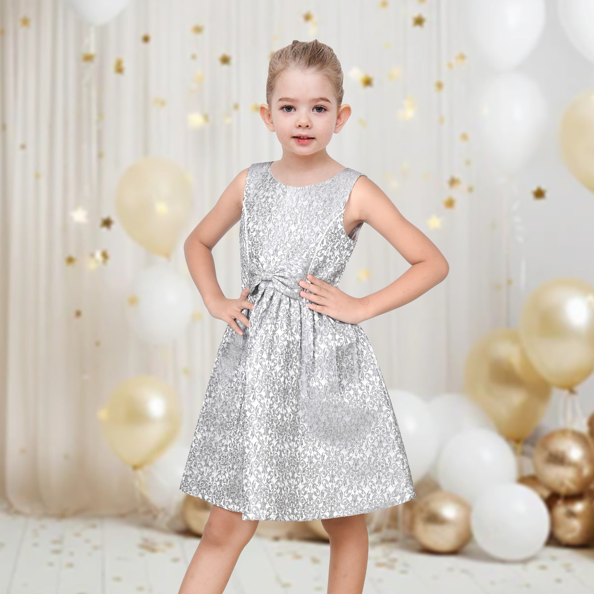 Girls Dress Gray Bow Jacquard Flared Sleeveless Princess Wedding Formal Special - Silver