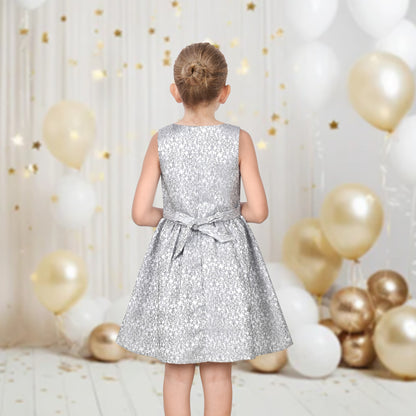 Girls Dress Gray Bow Jacquard Flared Sleeveless Princess Wedding Formal Special - Silver