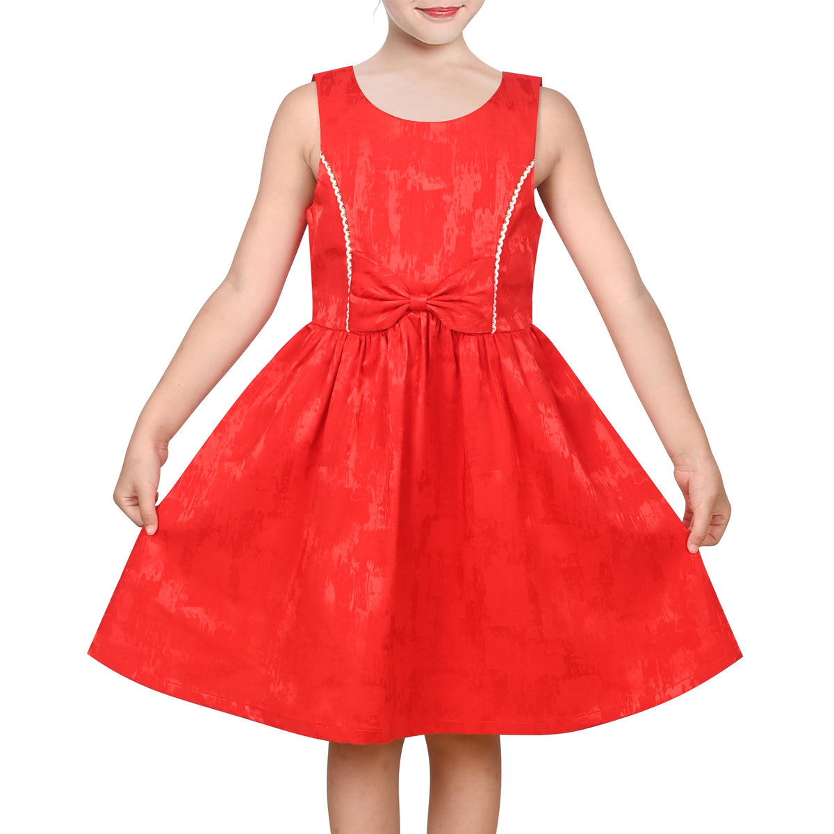Girls Dress Gray Bow Jacquard Flared Sleeveless Princess Wedding Formal Special - Shiny Red