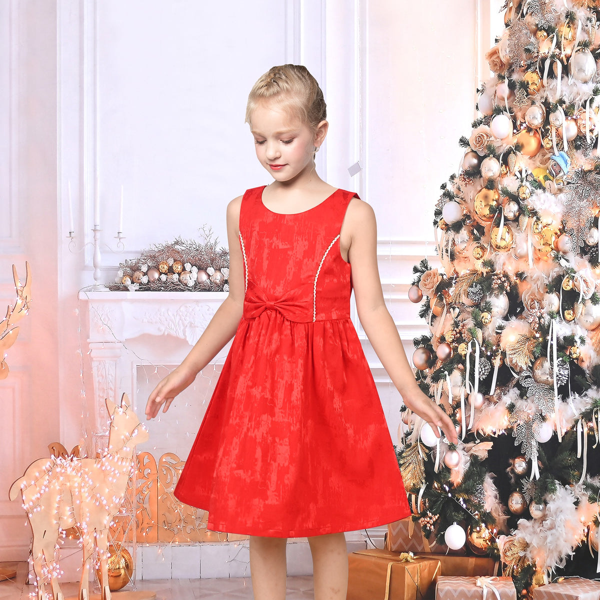 Girls Dress Gray Bow Jacquard Flared Sleeveless Princess Wedding Formal Special - Shiny Red